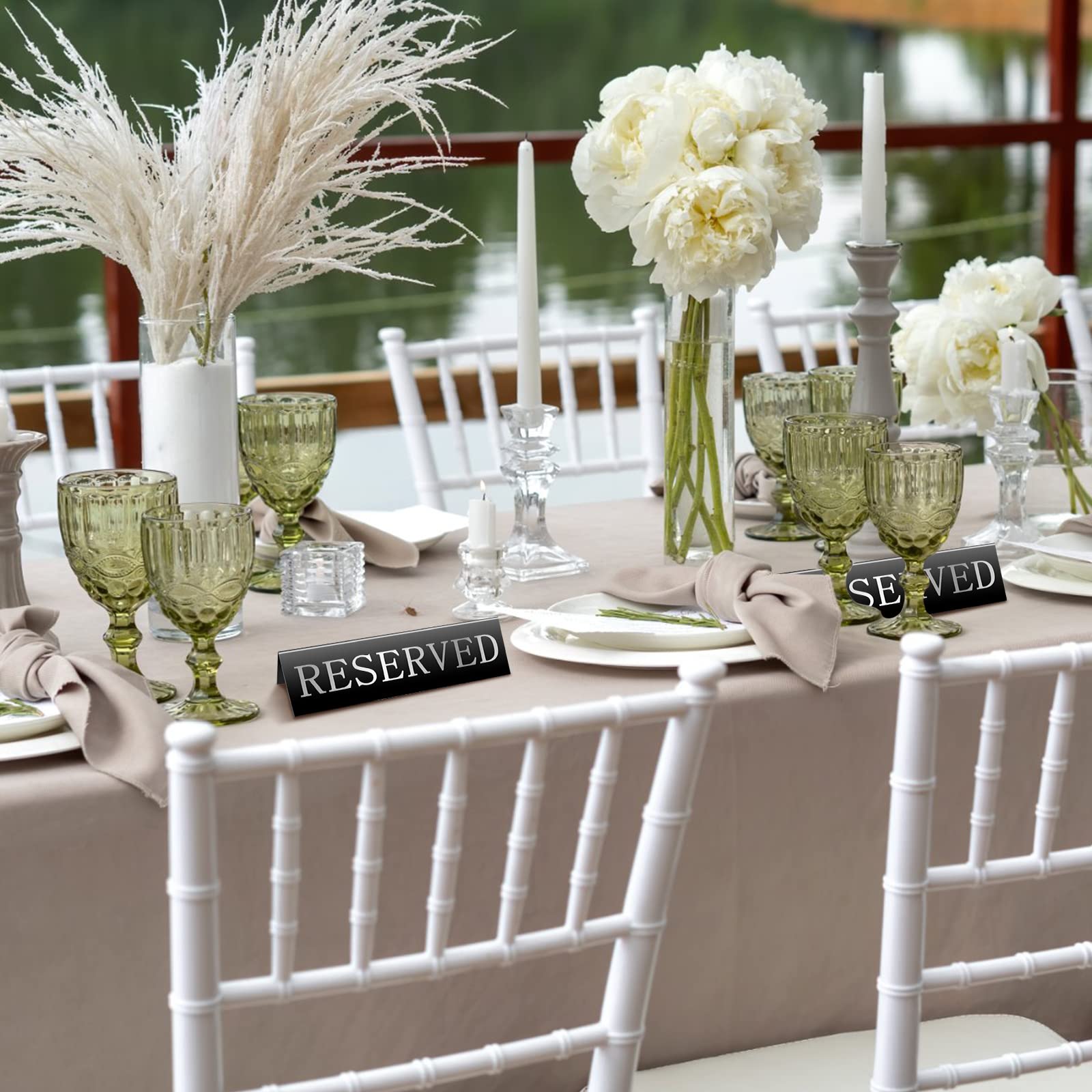 Peryiter 12 letreros de metal reservados para mesa de tienda de campaña de doble cara, indicadores de asiento de reserva de invitados para bodas, restaurantes, ceremonias familiares, eventos, 5.91 x