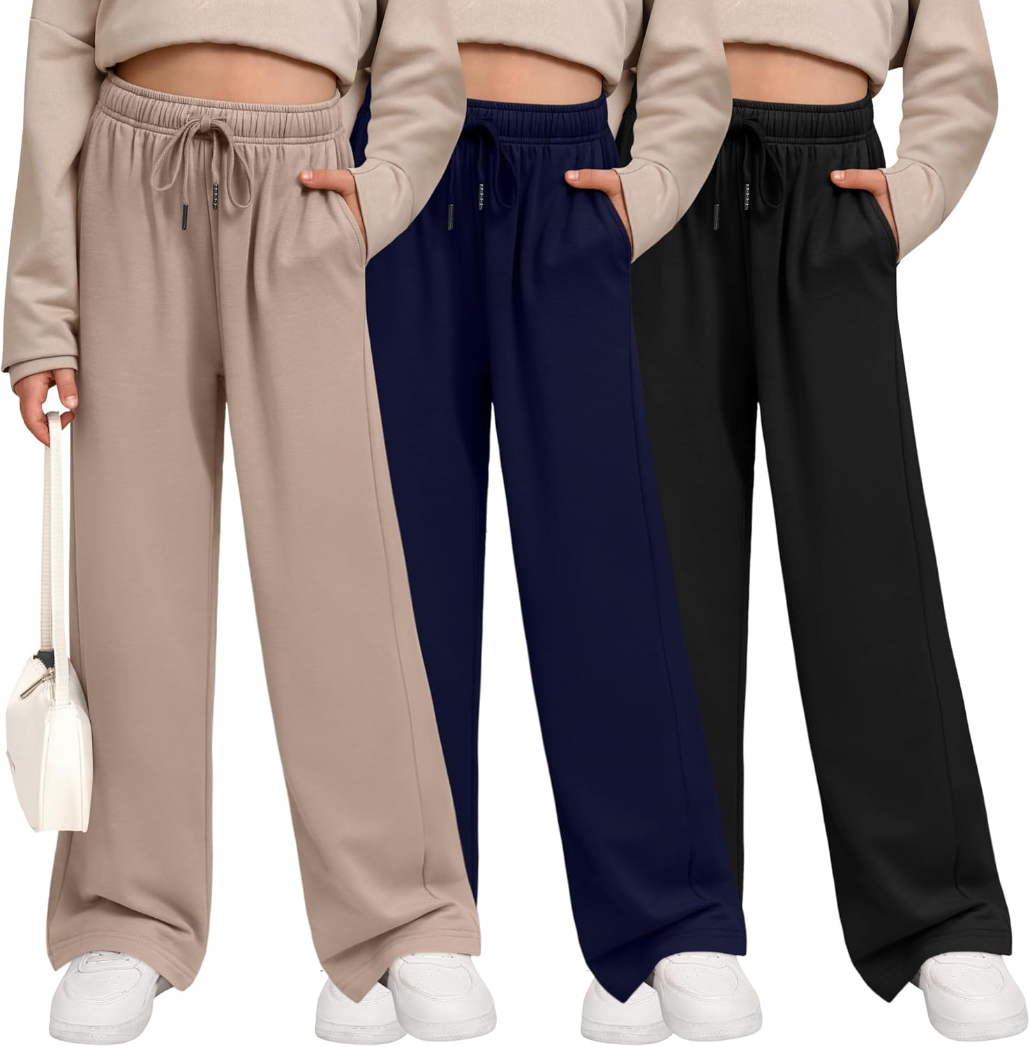 3 Pack Girls' Sweatpants Wide Leg Drawstring Casual Kids Joggers Open Bottom Loose Solid Teen Pants with Pockets