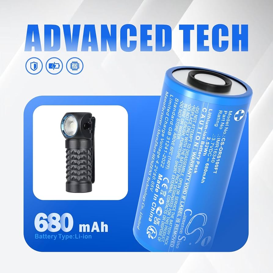 680mAh / 2.52Wh Replacement Battery for Olight Baton 3, Perun Mini, S1R Baton II, IMR16340, ORB-16C05-10C Electronics