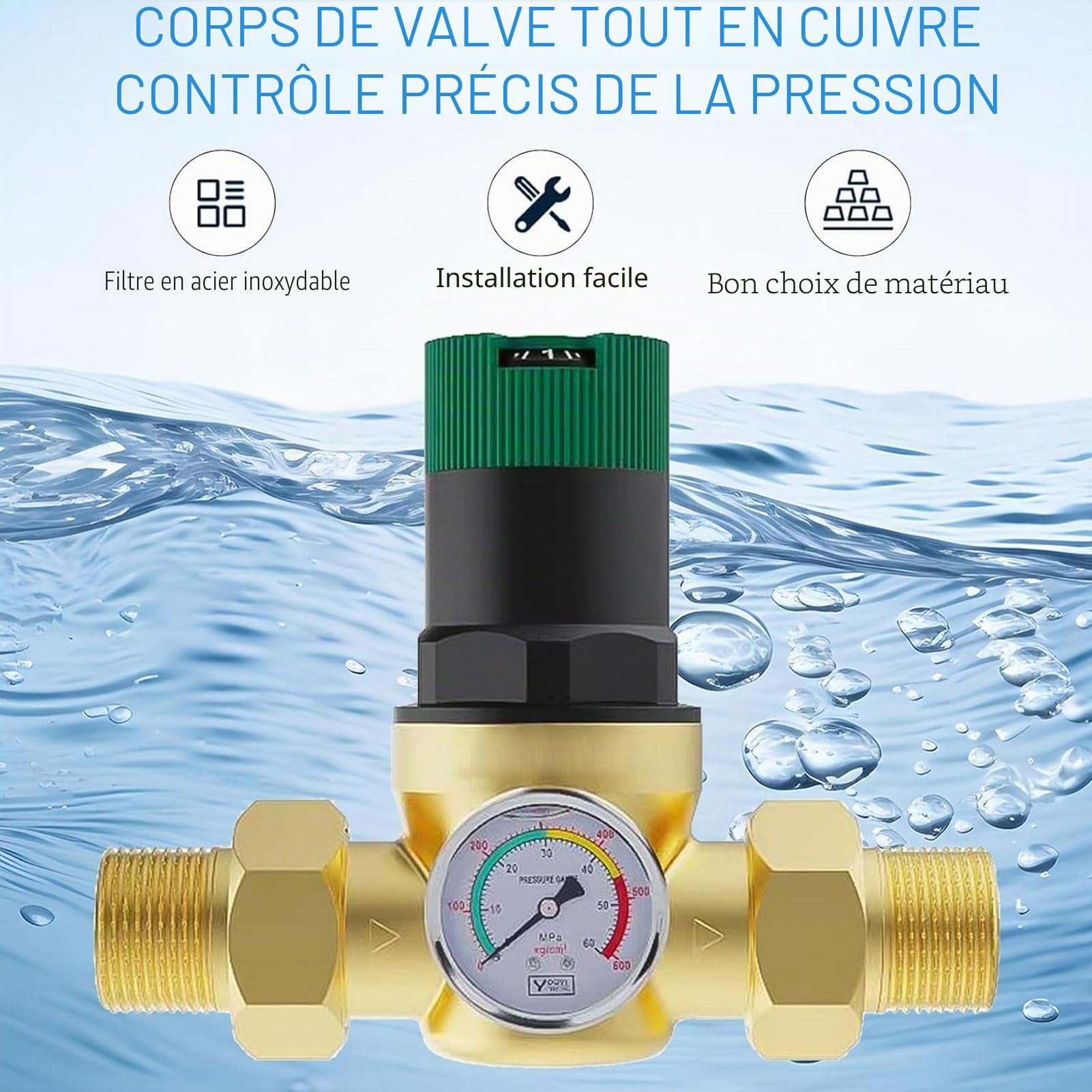Régulateur de Pression de L'eau avec des Jauges de 0 à 60 MPA, du Réducteur de Pression D'eau en Laiton Vanne de Régulateur de Pression D'eau pour les (3/4 de pouce (DN20))