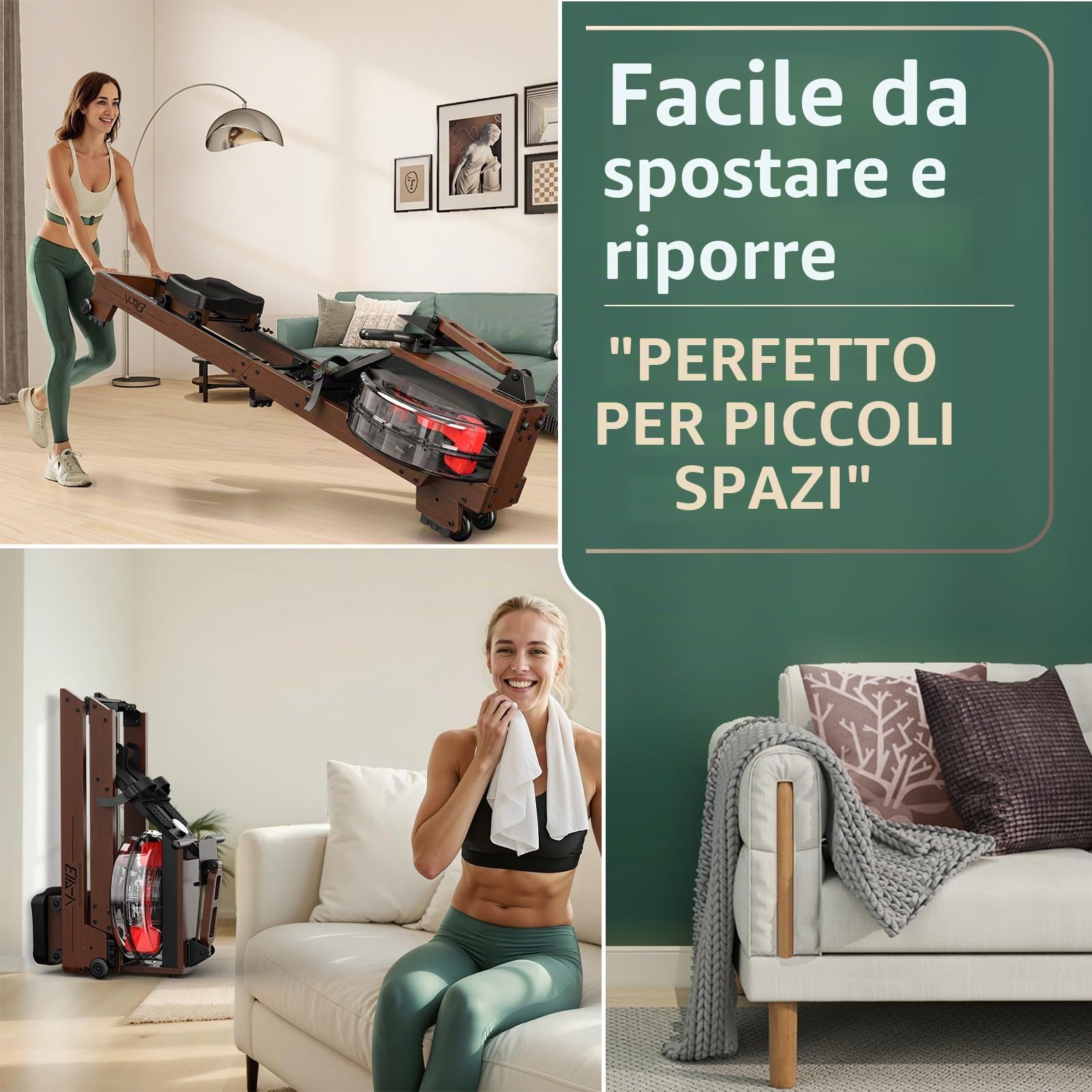 Vogatore Pieghevole per Casa - Costruzione in Legno di Alta Qualità, Rower ad Acqua Bluetooth, Facilmente Pieghevole, Altezza Utente Idonea da 1,2m~2m, Carico Massimo 175 kg, Garanzia di 2 Anni
