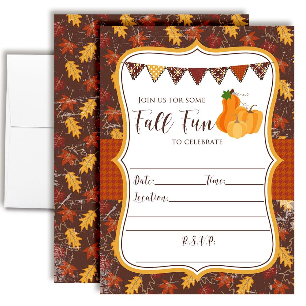 Rustic Autumn Leaves & Pumpkins Fall Fun Party Invitations, 20 5x7 Fill In Cards with Twenty White Envelopes by AmandaCreation