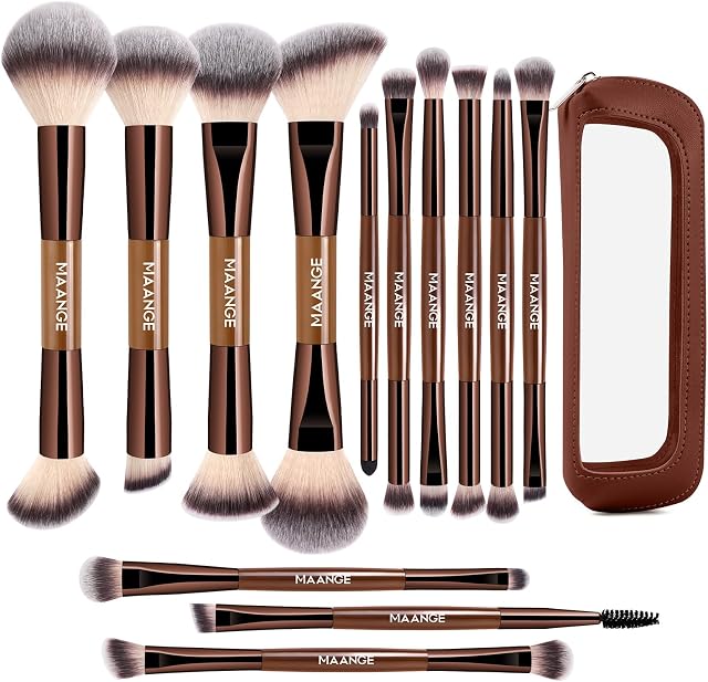 MAANGE Makeup Brushes Set, 13 PCS Premium Double-Ended Makeup Brush Foundation Contour Blush Blending Concealer Eyeshadow Brush Set Professional Make Up Brush Set (Coffee)
