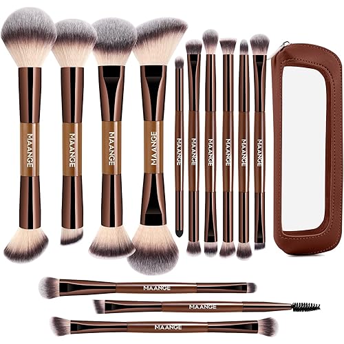 MAANGE 13 Pcs Foundation Makeup Brush Set With Bag, Make up Brushes, Double-End Multi Functional Makeup Brushes, Professional Face Brush Set Tools For Liquid Powder Concealer Cream Blush (Coffee)