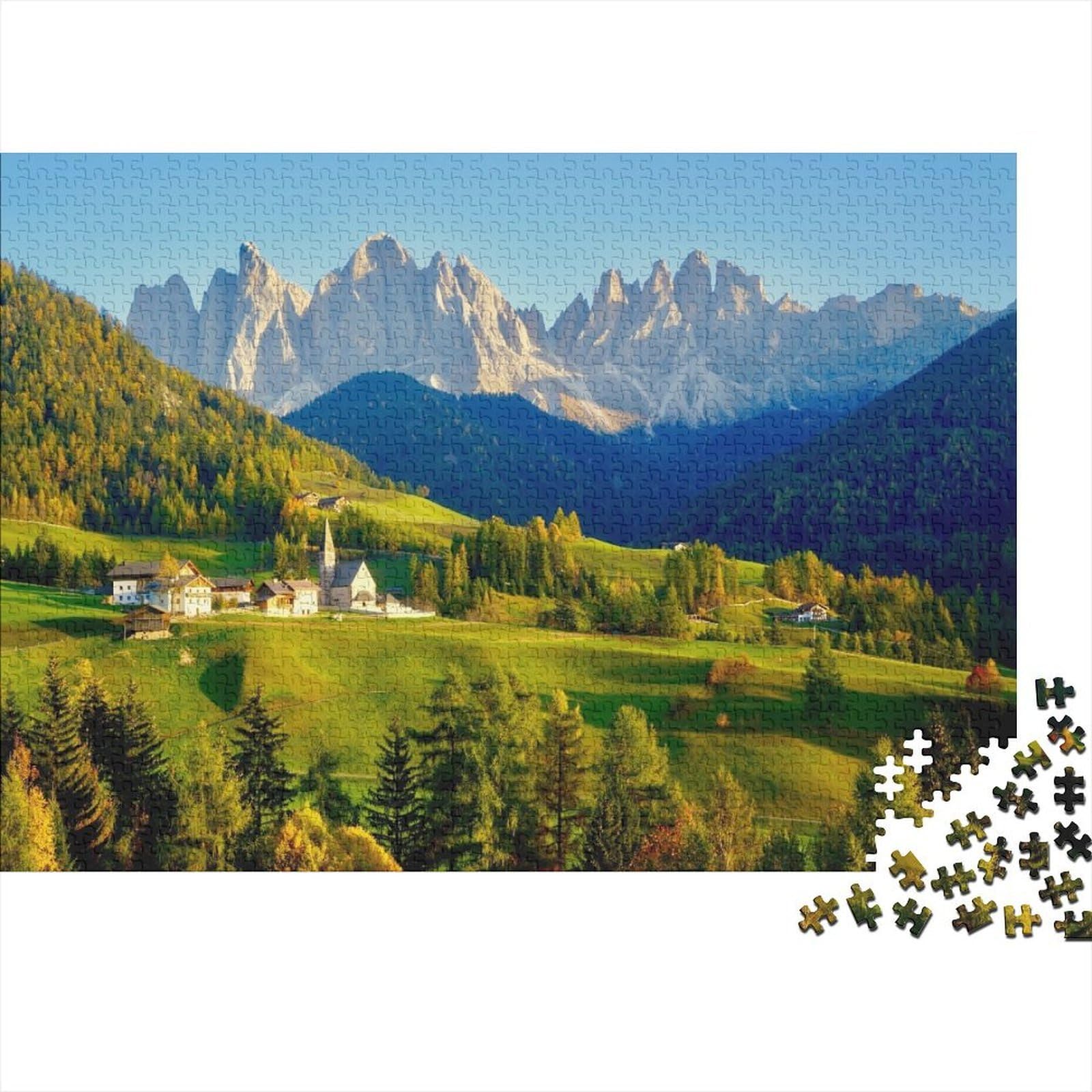 Dolomites Alps Jigsaw Puzzle 1000 Pieces Recyclable Material Mountain Village Adult Jigsaws Family Gaming Time Props Interesting Family Game for Home 70x50cm/1000pcs