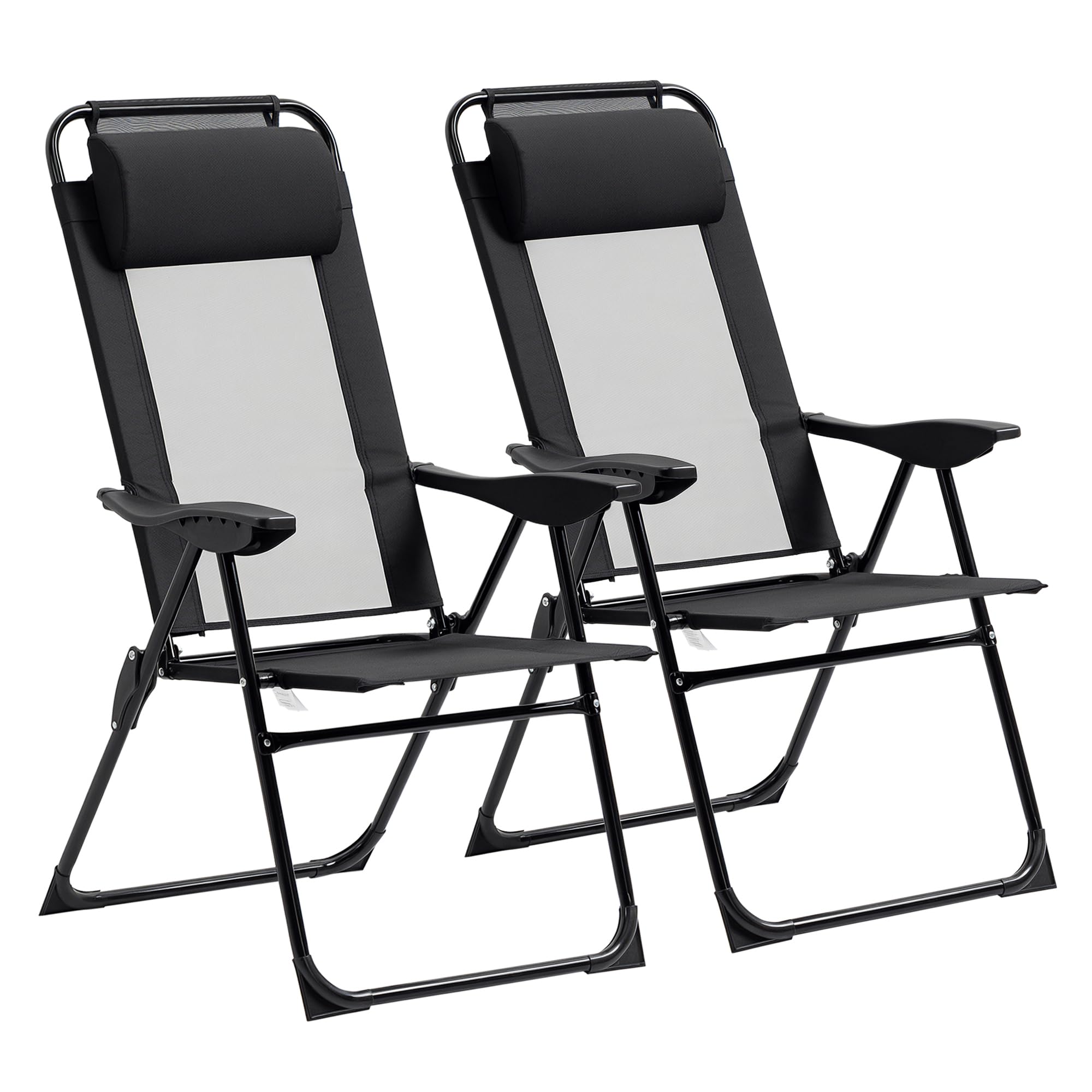 Outsunny Lot de 2 chaises de Jardin Set Basic de 2 chaises Pliantes Chaise de Camping Chaise de Balcon accoudoir Dossier réglable en 5 Positions Oreiller Amovible fourni Tissu Oxford textilène Noir