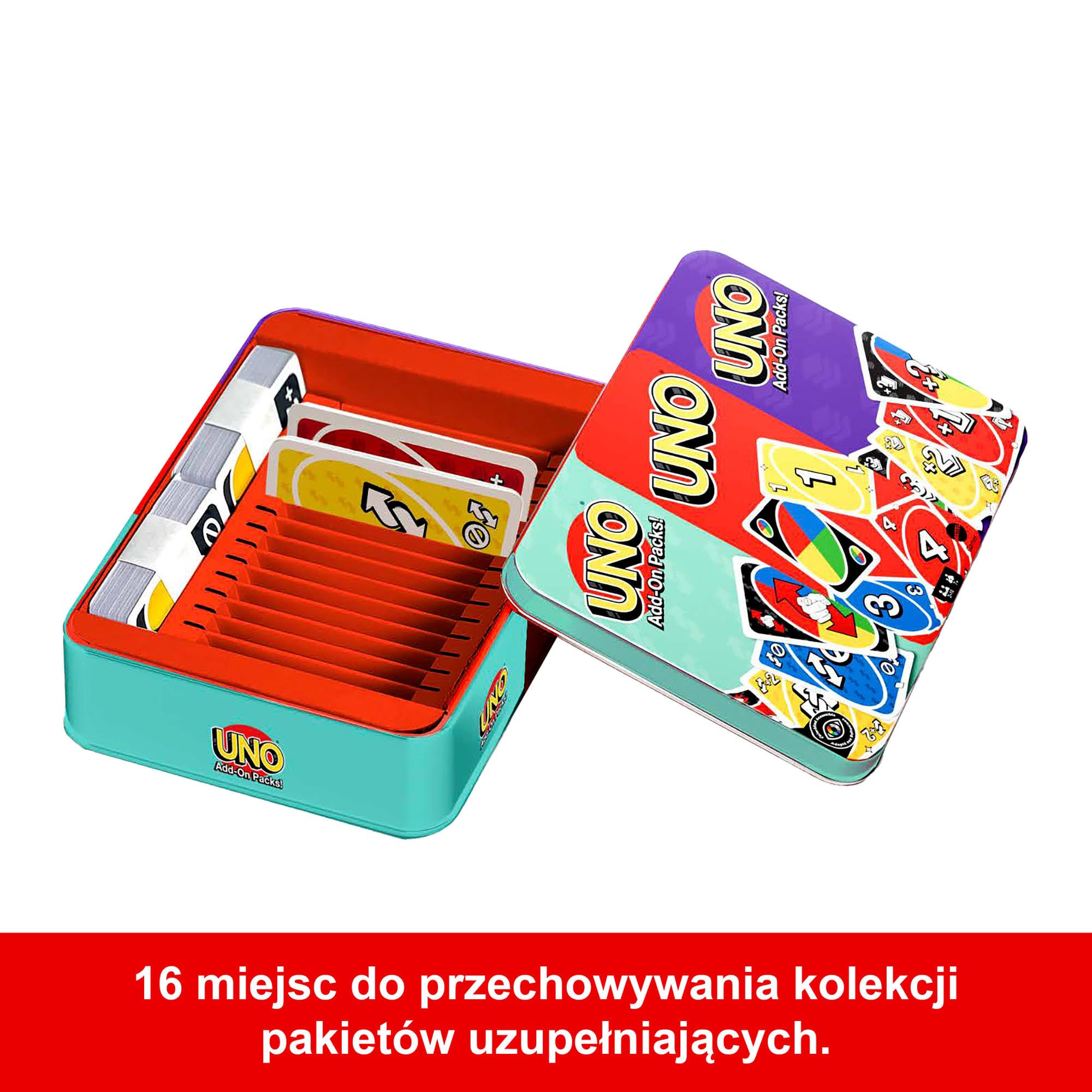 Mattel Games Gry Mattel UNO Gra podstawowa i 2 pakiety uzupełniające w metalowym pojemniku, towarzyska gra karciana dla dzieci 7+, dorosłych i rodzin na wieczór gier dla 2-10 graczy, JCV60