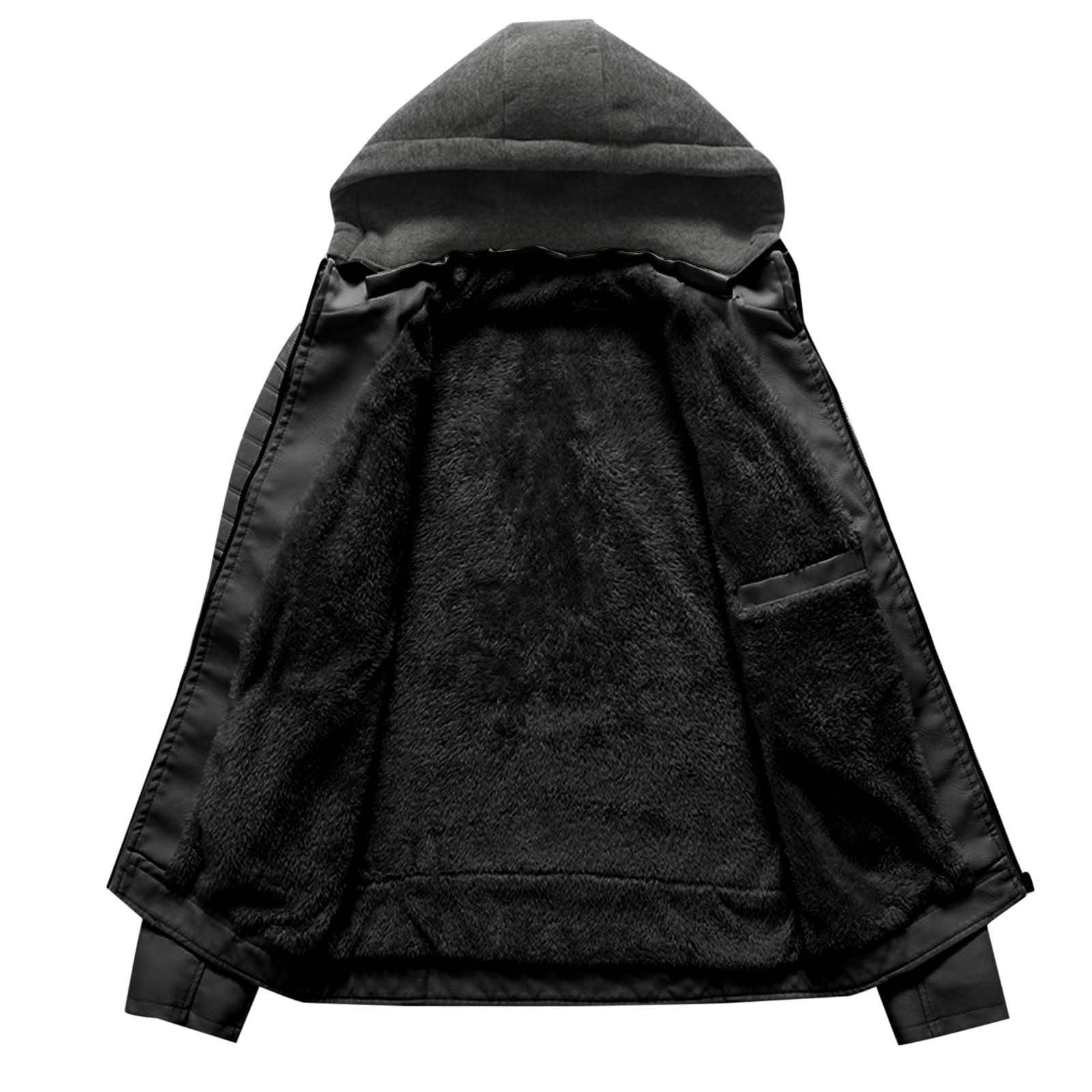 Générique Blouson Moto Homme a Capuche Veste Cuir Hiver Chaude Bombers avec Poche Zippé Aviateur en Peluche Jacket Couleur Unie Vestes d'Extérieur Manteau Décontractée Coat avec Cordon Vetements