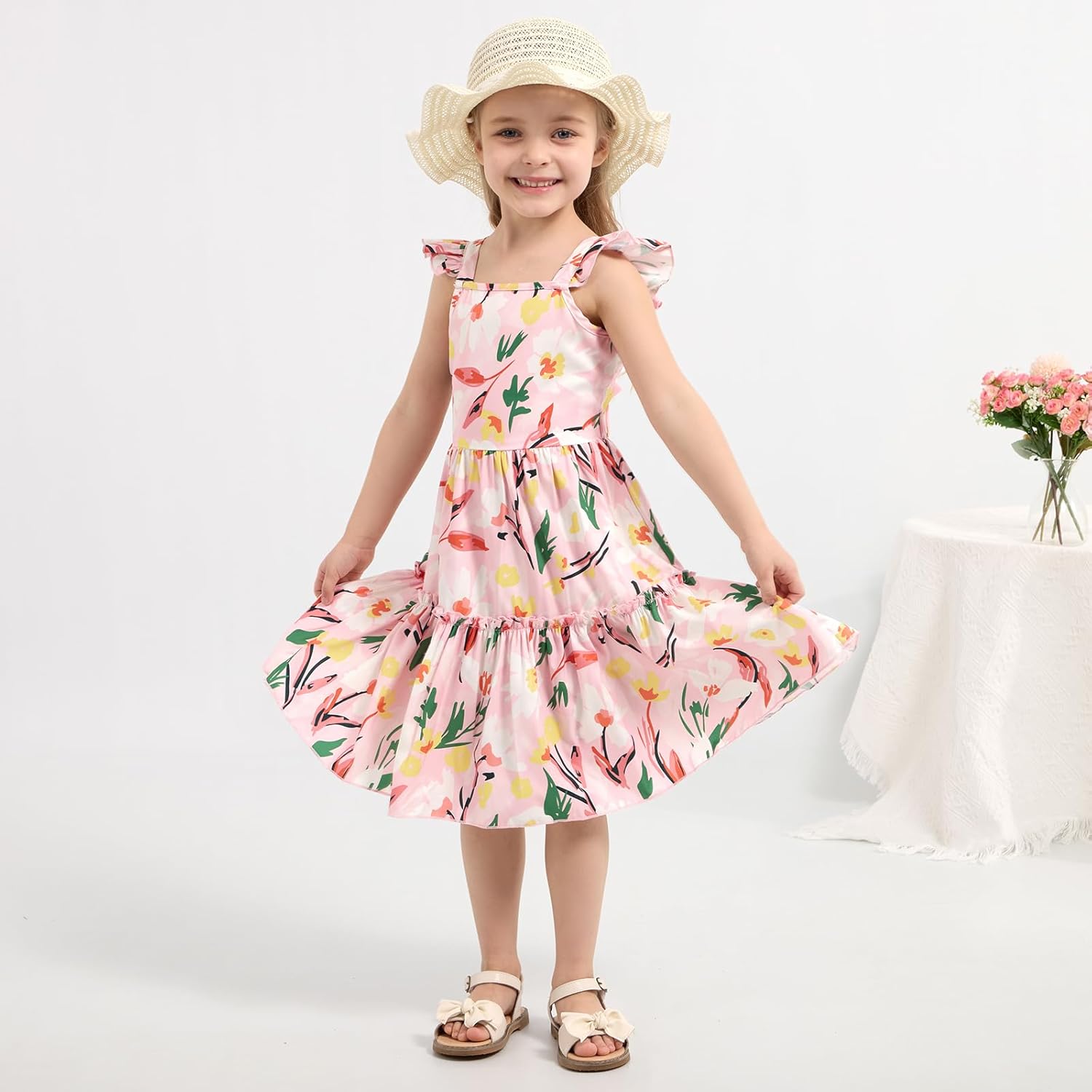 Girls Summer Floral Dresses Tie Back Flutter Sleeves Casual Spring Dress for 4-12 Years - Image 2