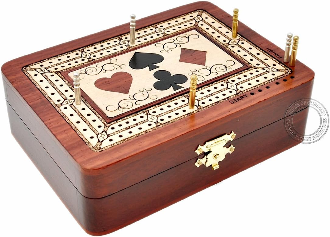 House of Cribbage - 2 Track - Wooden Cribbage Board/Box - Inlaid in Bloodwood/Maple Wood - Storage for Pegs & One Deck of Cards - 60 Points - Non Continuous
