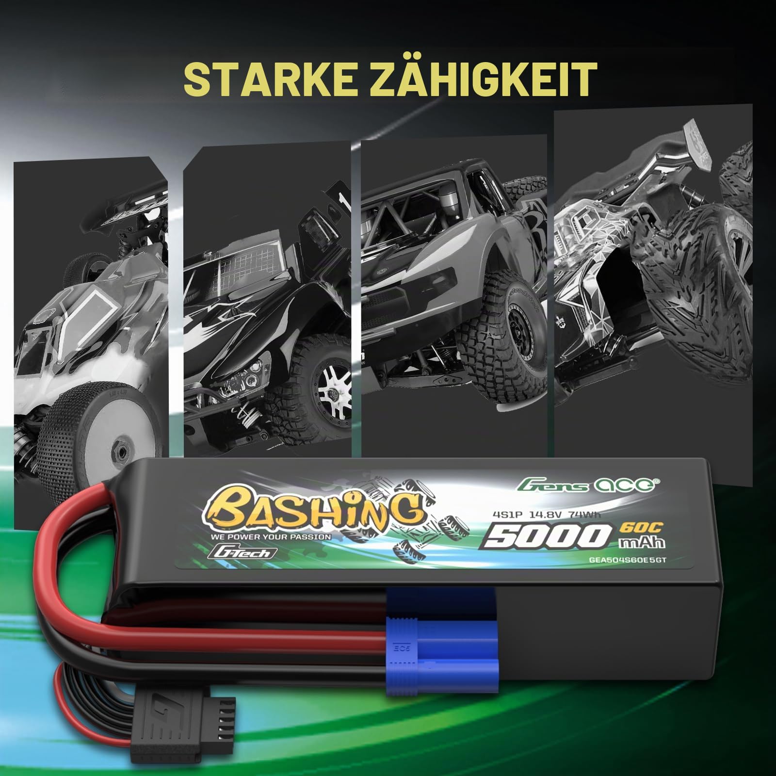 Gens Ace 4S 14,8V 5000mAh 60C LiPo Akku G-Tech mit EC5 Stecker, Bashing Serie für 1:8 & 1:10 RC Autos, Trucks und Offroad-Modelle