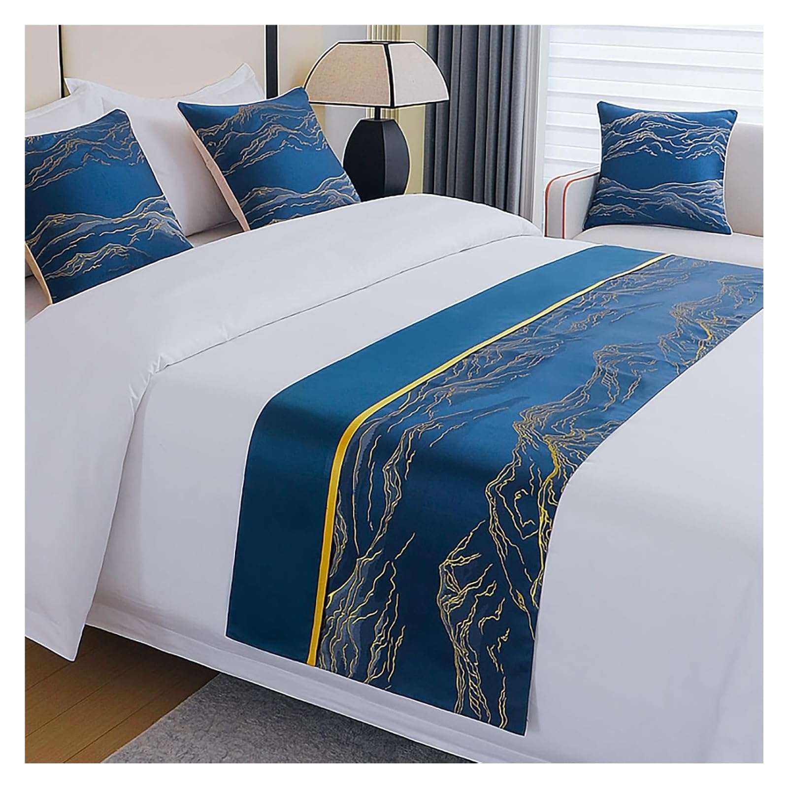uoXHFdh Luxury Bed Runner & Scarves, Mountains Patchwork Pattern Design End Scarf, Elegant Bedding(Blu,50 * 210cm for 150cm bed)