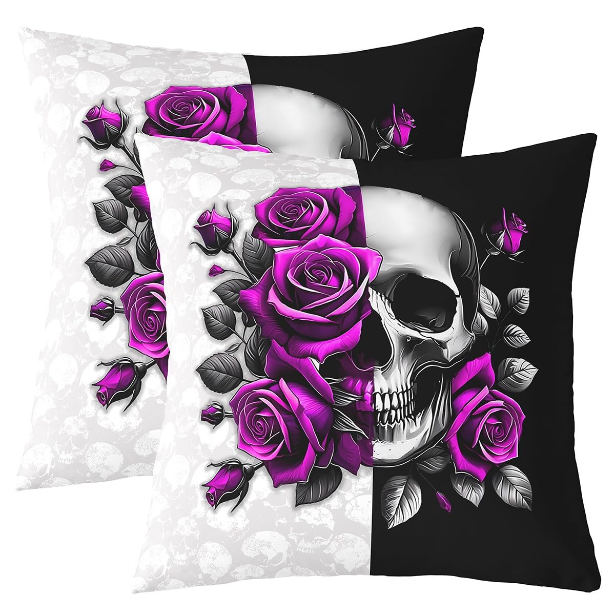 feelingyou Skull Pillow Covers 16"x16",Gothic Romantic Rose Skull Cushion Covers for Couch Sofa, Bone Skeleton Halloween Outdoor Pillow Cases,Purple Floral Exotic Reversible Throw Cushion Cases