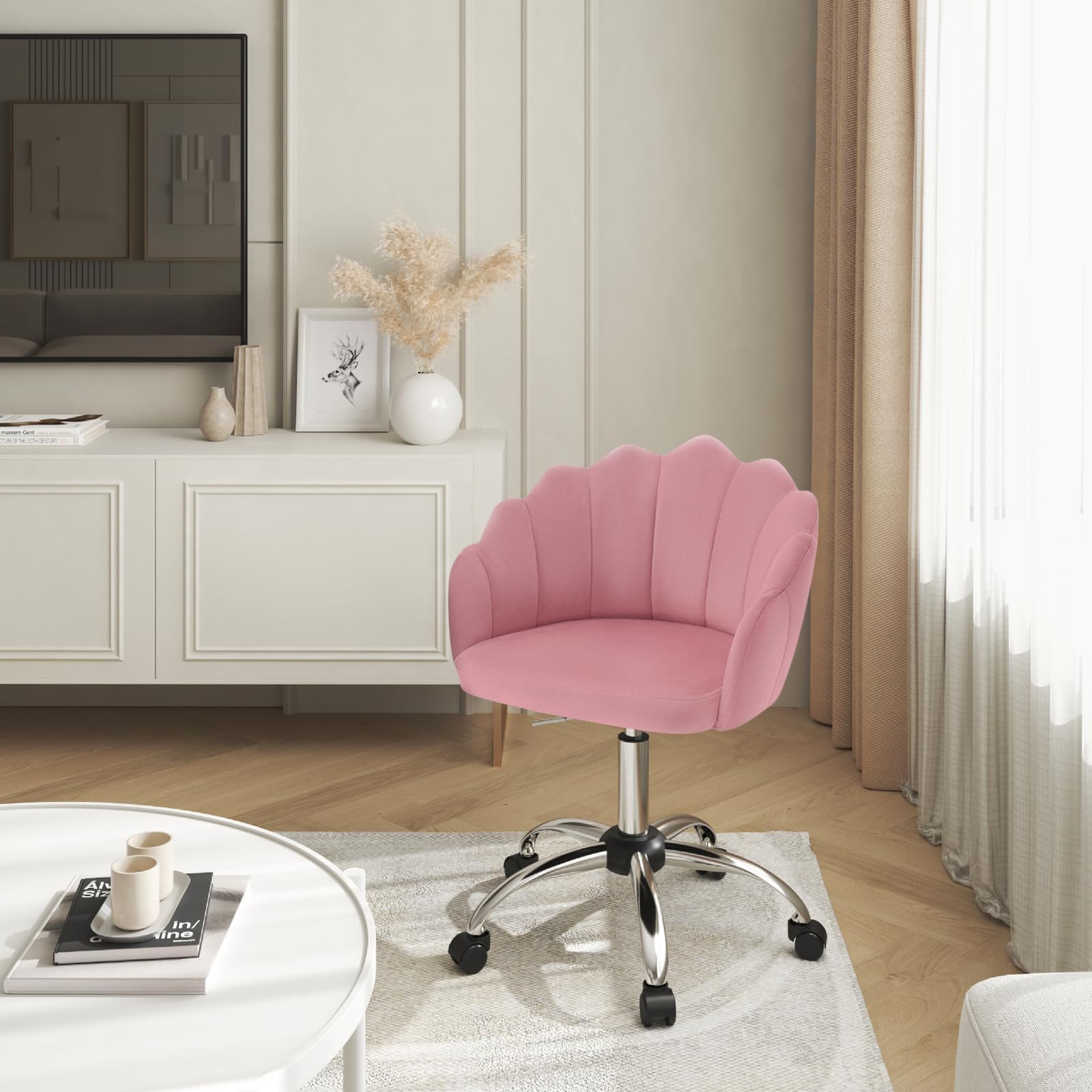 WOLTU Silla de Tocador Terciopelo con Respaldo de Petalos, Silla Giratoria con Ruedas, Ergonómica para Maquillaje, Patas de Metal, Rosa