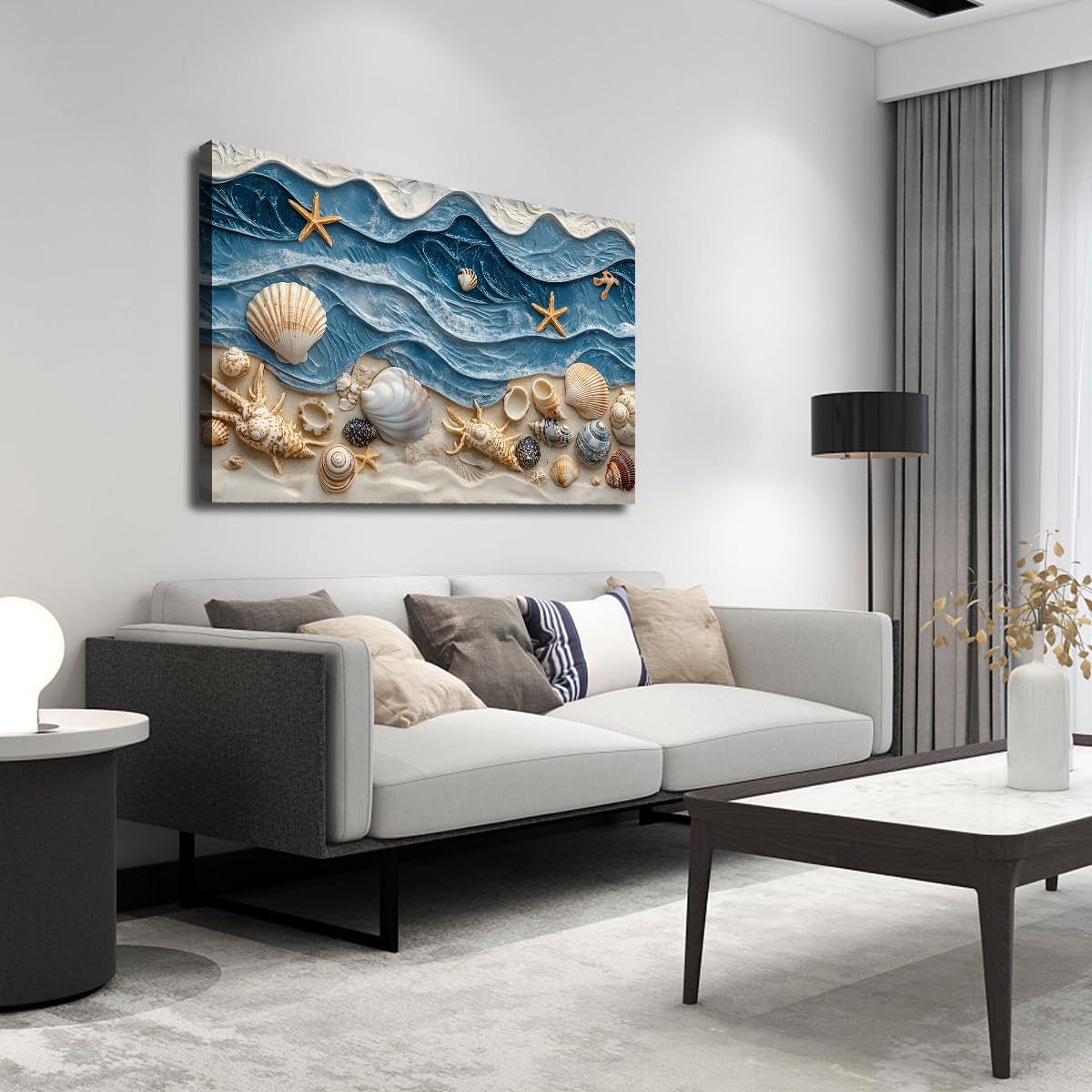 Fale oceanu Muszle Wall Art Wall Art Beach Theme Muszle Morskie Nadmorskie Drukowanie Nadmorskie Plakaty Nadmorskie Dzieła Sztuki Do Salonu Łazienka Decor 70 x 110 cm Rama wewnętrzna