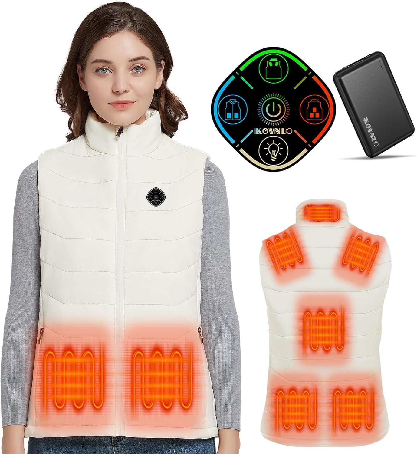KOVNLO Womens Heated Vest with battery pack included(White, S), 4 in 1 Smart Controller, Lights-out Design, Lightweight Heating Vest