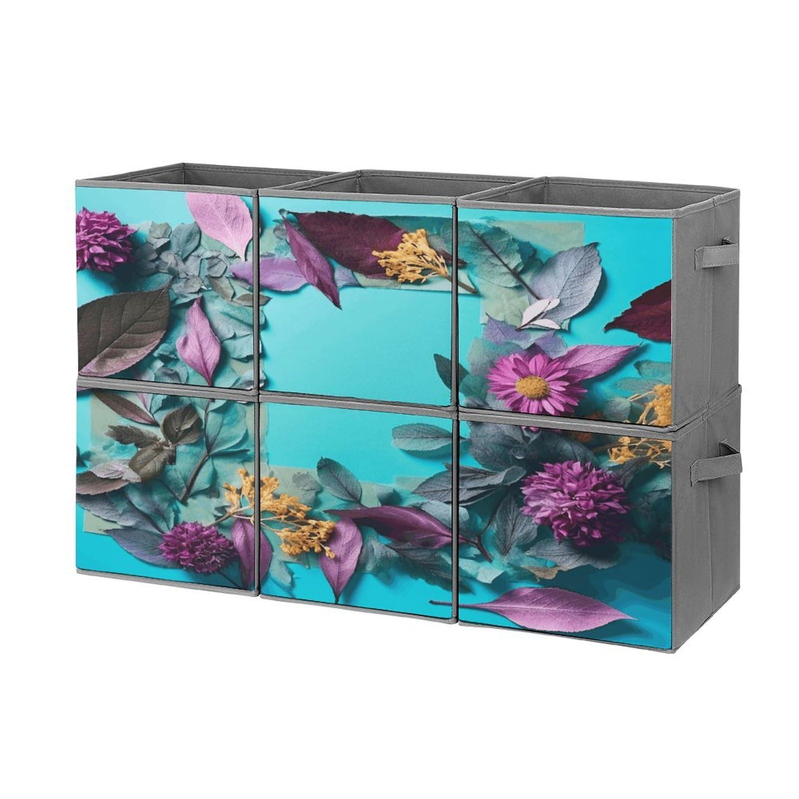 Fekiloot Style Frame Of Flowers And Leaves Storage Bin For Foldable And Handles,Closet Organizer Of 6-Pack Stackable,Storage Box For Living,Room, Office,Bedroom,Closet