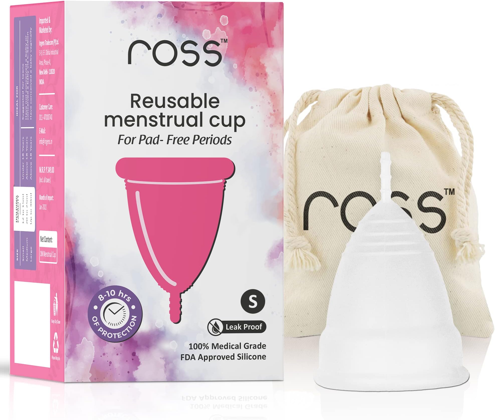 - Ross Reusable Menstrual Cup for Women- Small, Odour free and Rash Free, No Leakage, Protection for Up to 8-10 Hours, FDA Approved with Pouch