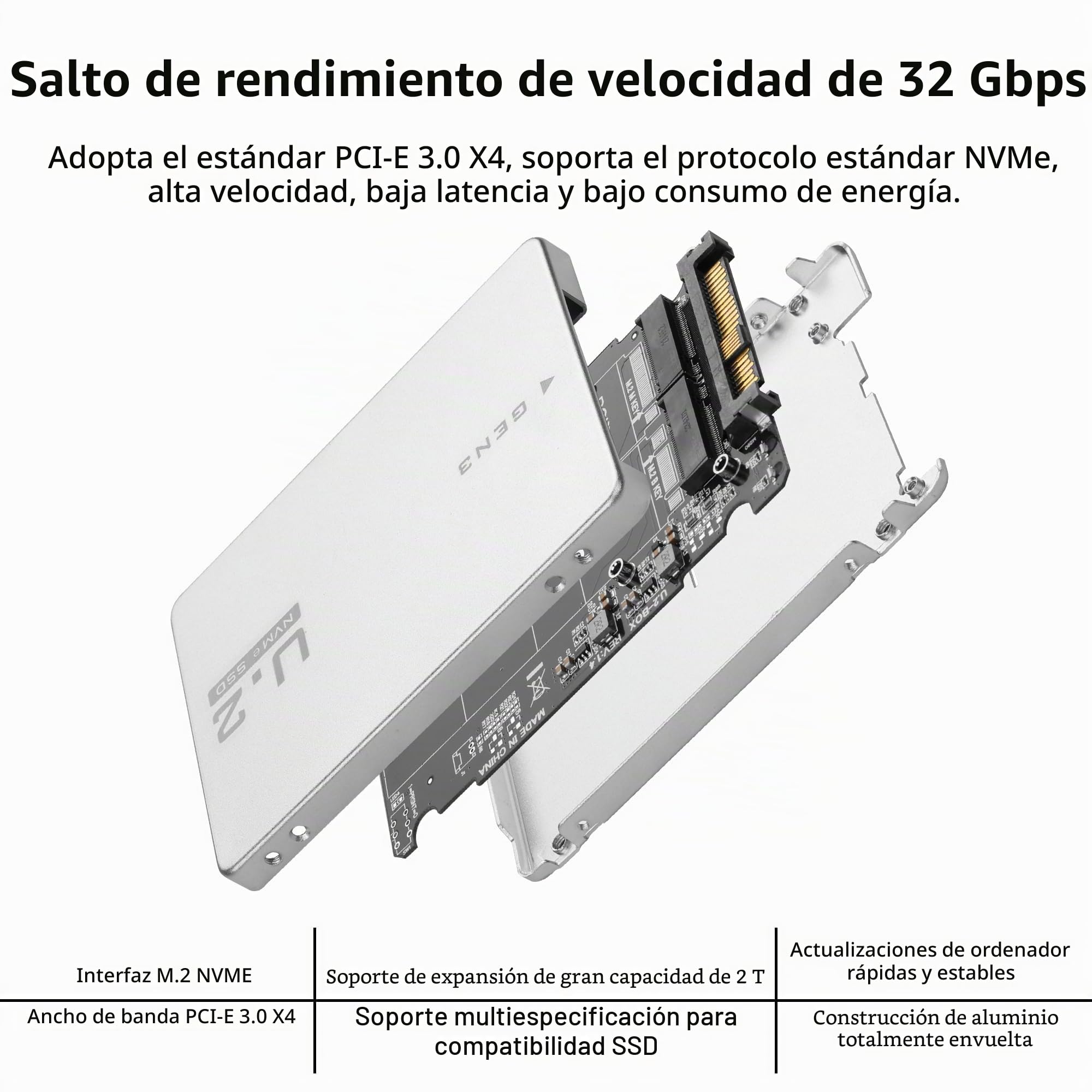 GINTOOYUN Combo 2 en 1 M.2 NVME/NGFF a U.2 (SFF-8639) Tarjeta Adaptadora PCI-E NVME (Llave M)/SATA (Llave B) a U.2 Caja de Unidad de Estado Sólido