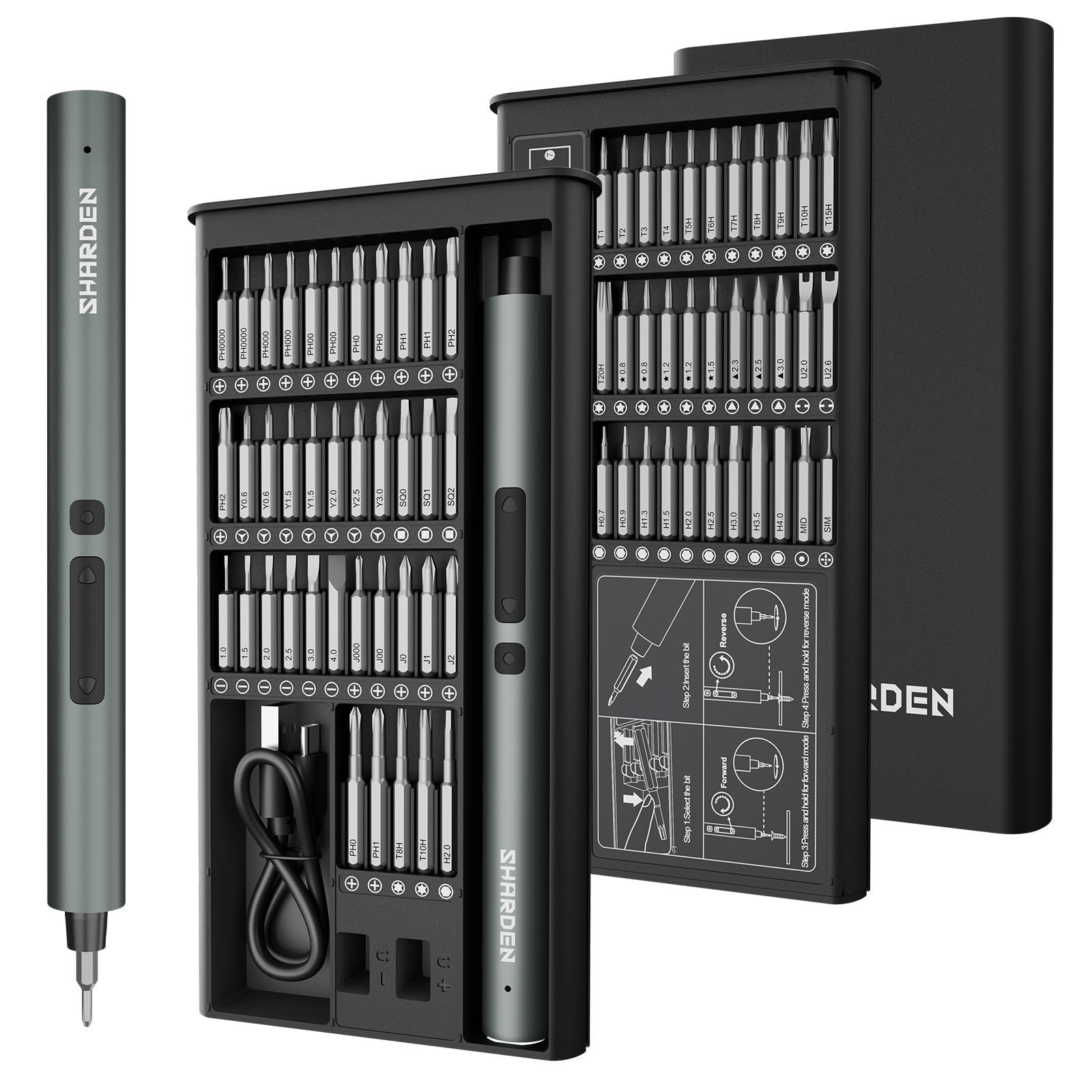 SHARDEN Mini set di cacciaviti elettrici 75 in 1, 71 punte di precisione S2, 3 luci LED, memoria magnetica, cavo di ricarica USB, mini cacciavite elettrico kit di riparazione per PC, elettronica