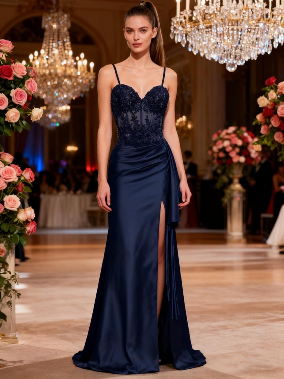 Sparkly Lace Appliques Prom Dresses with Sequin Corset Slit Spaghetti Straps Ruffle Formal Evening Dress HA030