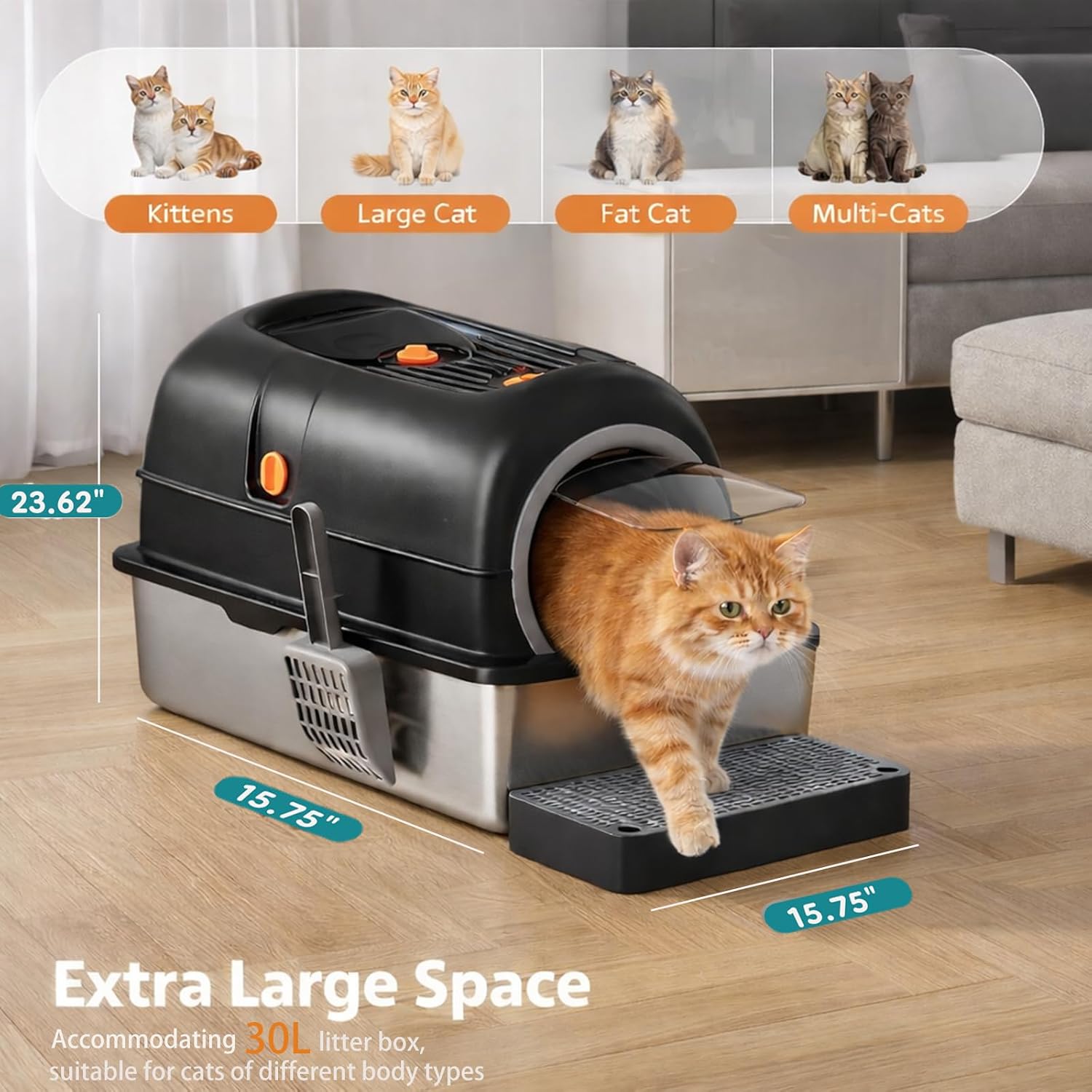Stainless Steel Litter Box with Lid, 3-in-1 Top Entry Cat Litter Box with Scoop & Mat, Large Covered Litter Boxes for Multiple Cats, Dual Entry, Odor Control, Easy Clean, 30L Extra Large, Black