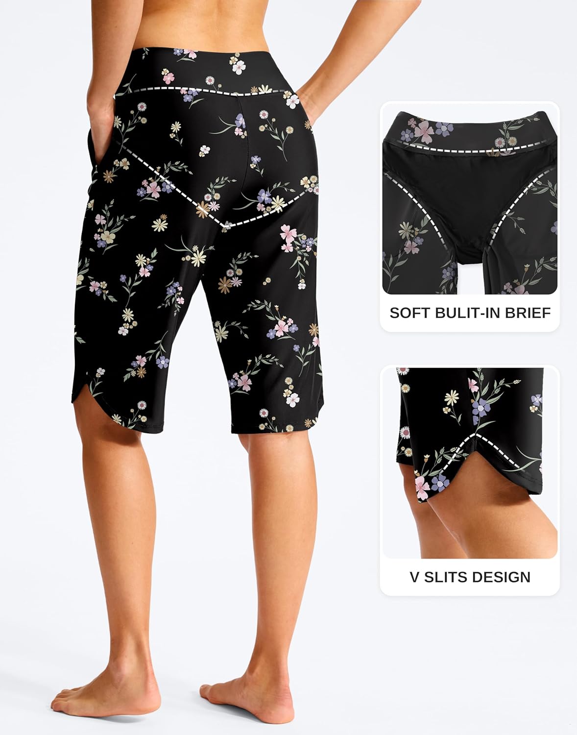 G Gradual Women's 13" Long Swim Board Shorts with Pockets High Waisted Quick Dry Beach Swimming Shorts for Women with Liner