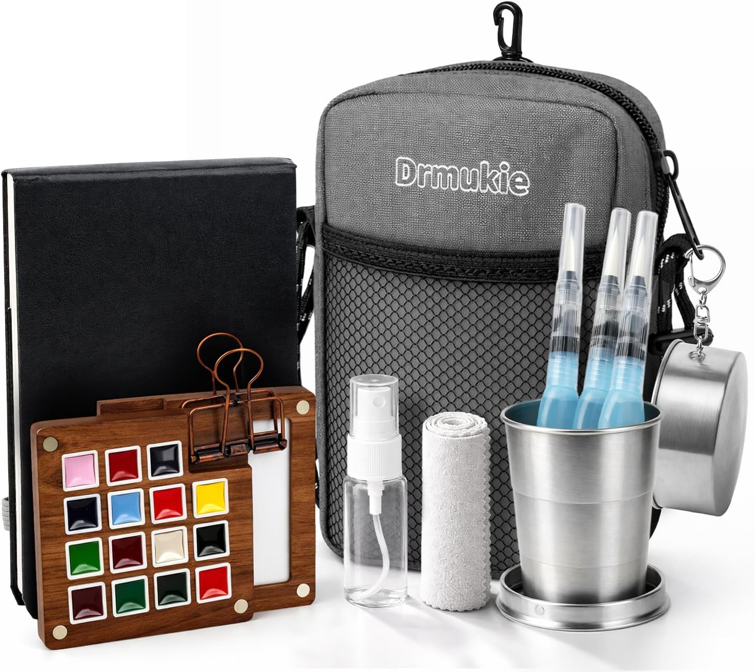 Mini Watercolor Paint Set All-in-One 15-Color Walnut Wood Travel Watercolor Kit with Crossbody Bag Paint Supplies Portable Pocket Painting Set for Art Lovers Artists Gifts (Grey)