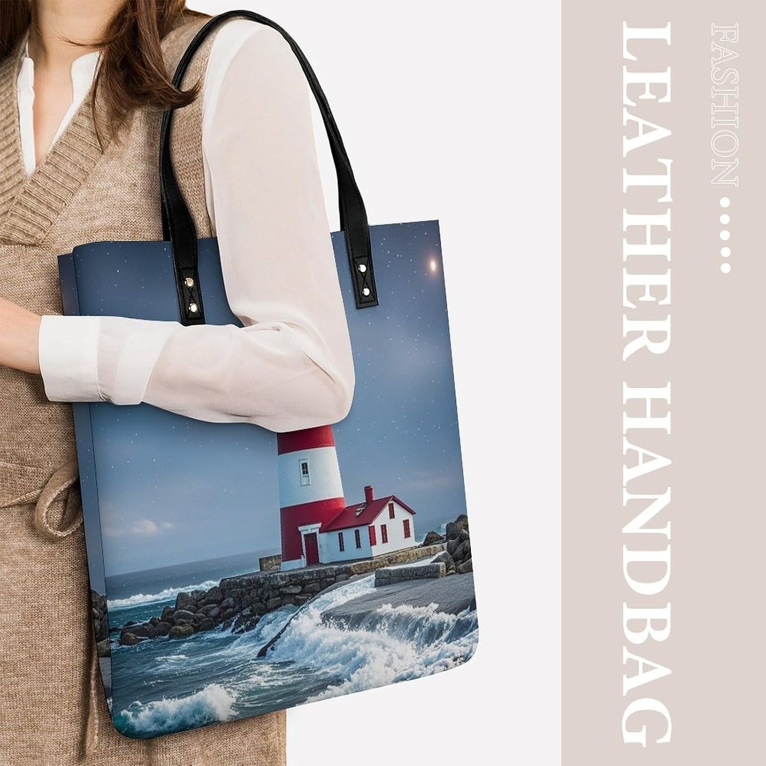 Lighthouse Ocean Tote Bag with Magnetic Buckle Reusable Grocery Bags Lightweight Cross Body Handbag for Daily Essentials