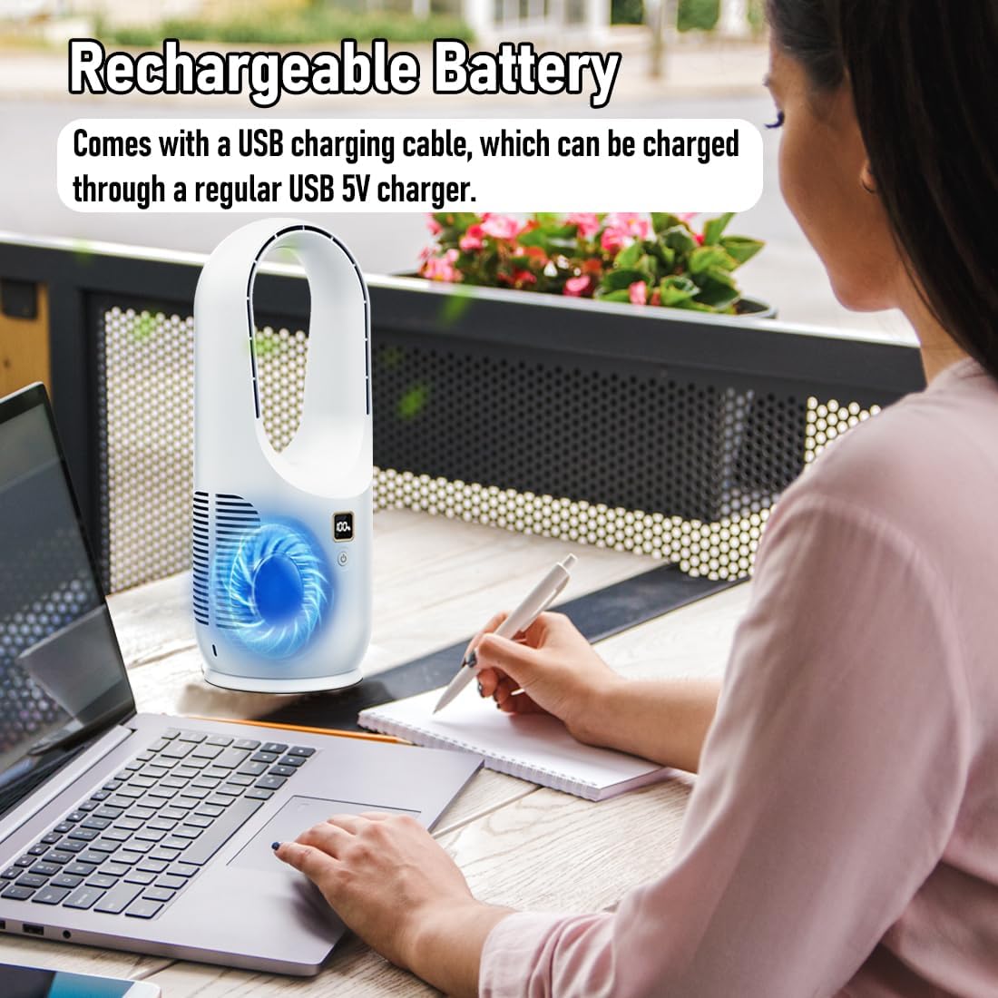 Bladeless Desk Fan, Rechargeable Battery Operated 11.8in Portable Quiet Office Fan, 3 Speeds, Easy to Clean, Small Tabletop Personal Fan for Office, Living Room, Bedroom (White)