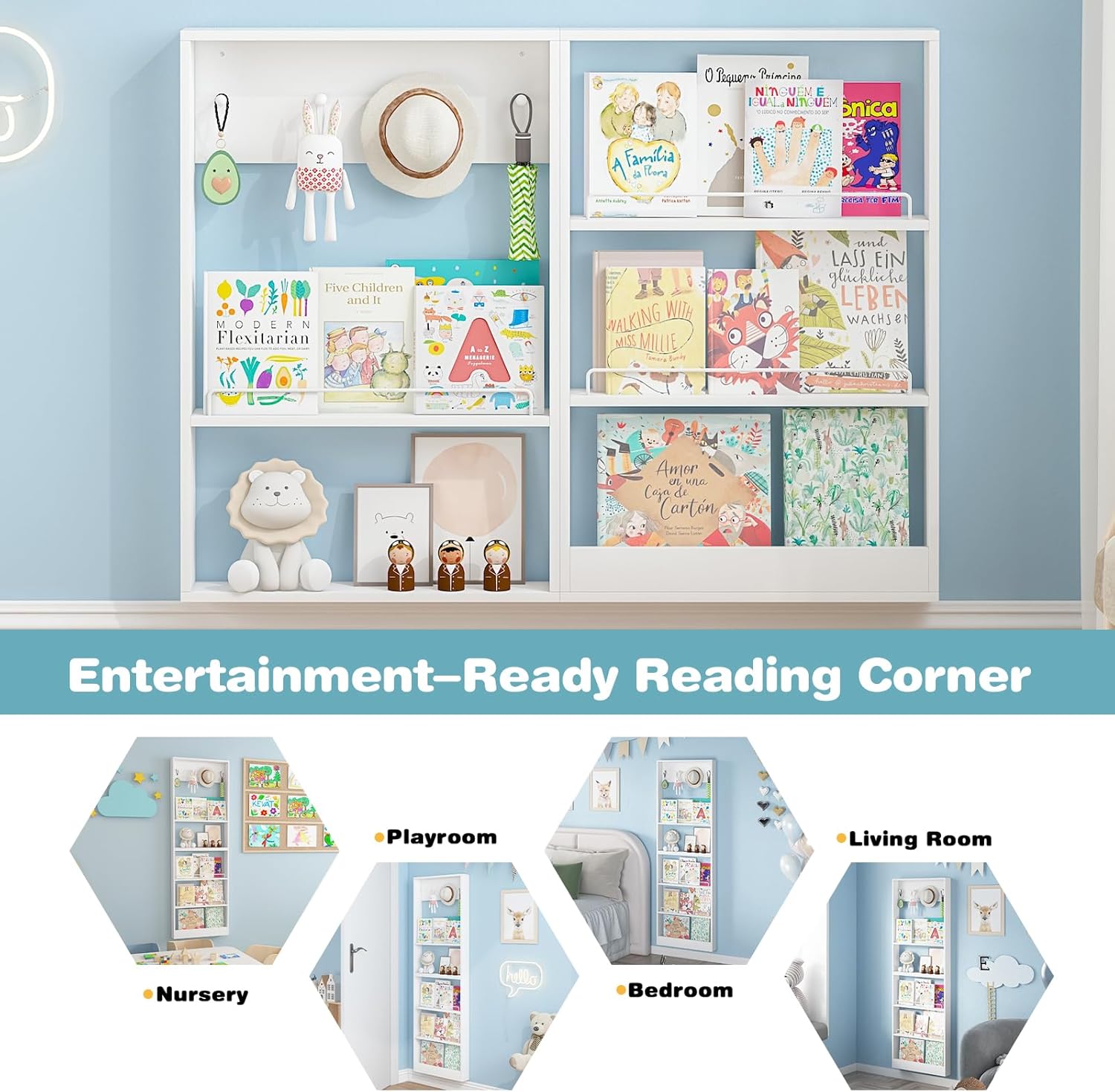 5-Tier Kids Bookshelf, Wall-Mounted Book Shelf with Adjustable Shelves & Hooks, Wooden Kids Bookshelf and Toy Storage, Space-Saving Behind Door Bookshelf for Kids' Rooms, Playroom, Nursery（White）