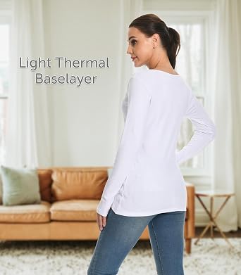 Comfneat Womens 2-Pack Pure Cotton Undershirts Long Sleeves Fitted Scoop Neck Tops Light Thermal Baselayers