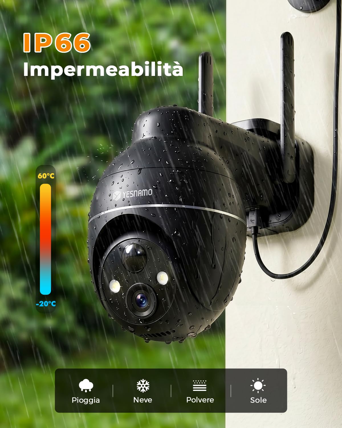 Telecamera Wi-Fi Esterno con Pannello Solare, 2K Videocamera Sorveglianza Esterno a Batteria 360° PTZ, Audio Bidirezionale, Visione Notturna A Colori, Allarmi PIR, IP66, Nero