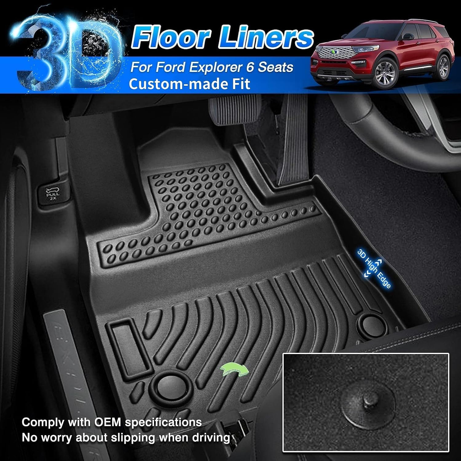 Floor Mats Fit for Ford Explorer 2020-2024 2025 2026 (Only Fit 6-Seat, Captain Chairs), All Weather Floor Mats for Explorer Accessories Car Floor mat Waterproof - Image 2