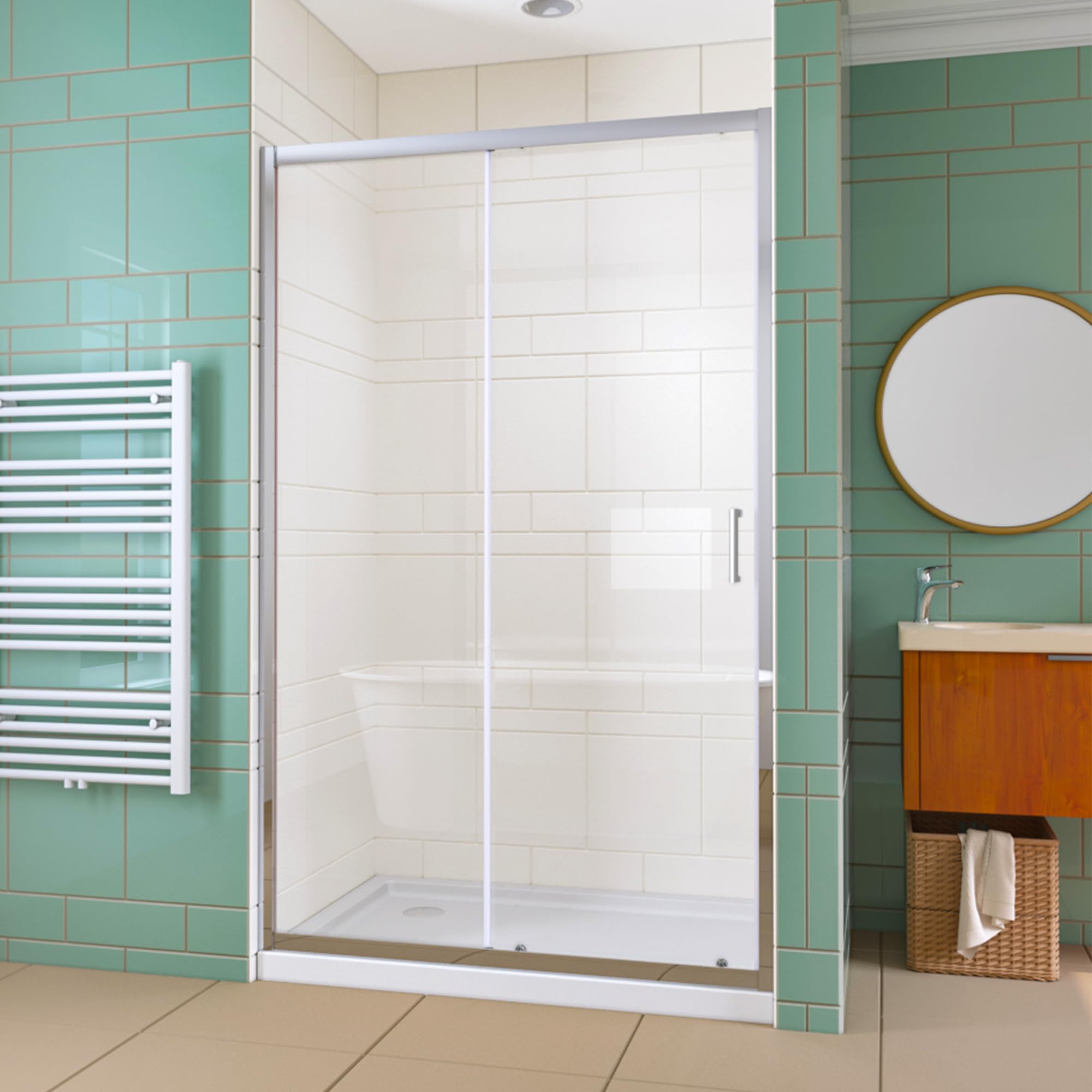 Puerta corredera de 150 x 185 cm, puerta corredera individual de cristal de seguridad de 5 mm (ESG), transparente, mampara de ducha, mampara de ducha, color plateado