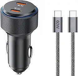 Carregador Veicular 60W Turbo com Cabo USB-C – Duas Entradas USB-C, Carregamento Ultra Rápido, Compatibilidade Universal, Proteção Inteligente e LED Indicador para Celulares e Tablets