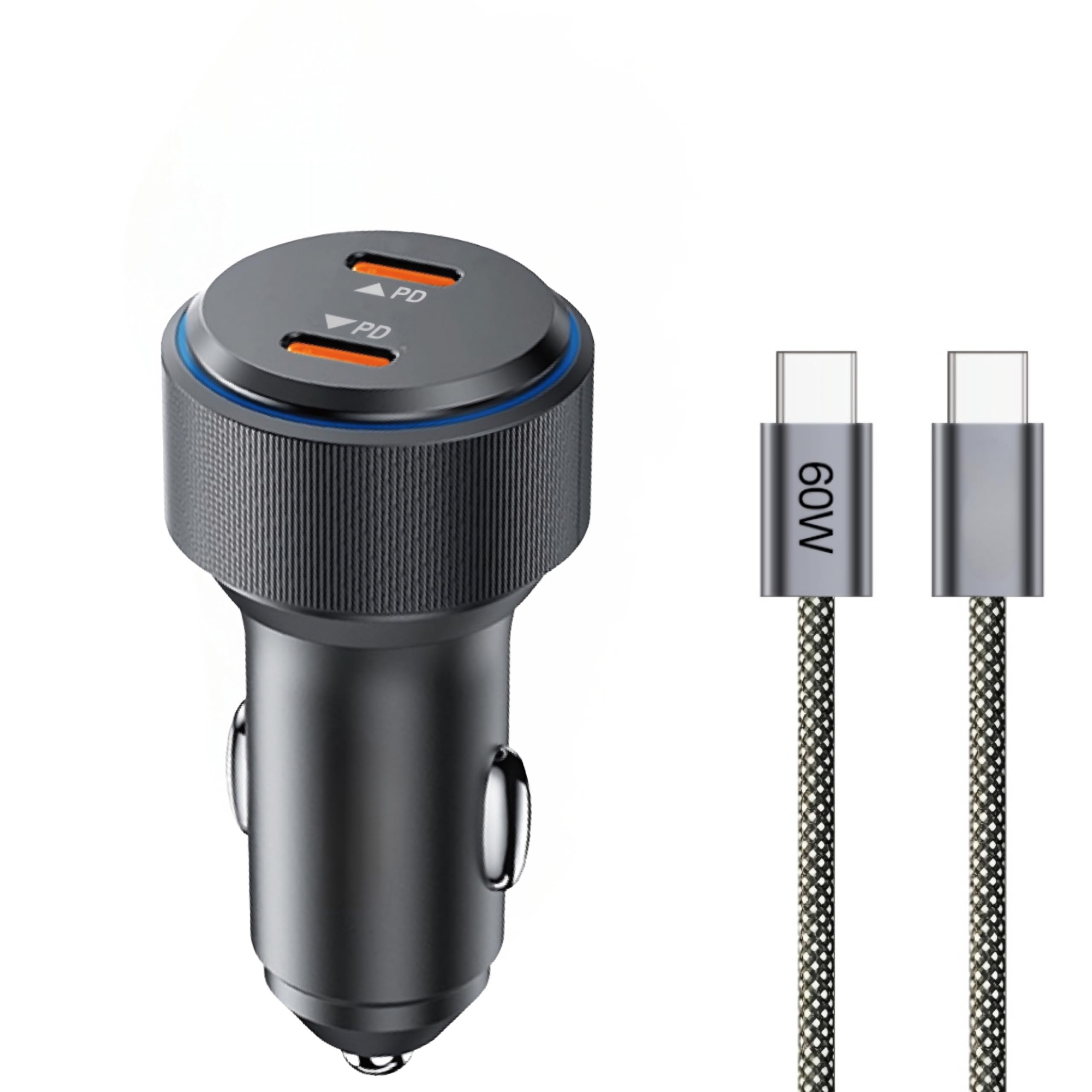 Carregador Veicular 60W Turbo com Cabo USB-C – Duas Entradas USB-C, Carregamento Ultra