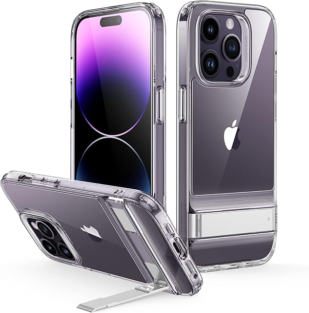 ESR Metal Kickstand Case Compatible with iPhone 14 Pro Case, 3 Stand Modes, Military-Grade Drop Protection, Supports Wireless Charging, Slim Back Cover with Patented Kickstand, Clear