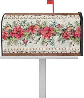 Mailbox Cover Magnetic Christmas Red Poinsettia Cardinal Eucalyptus Leaf Mailbox Covers Standard Size 21x18in,Mailbox Covers Wrap Post Letter Box Cover for Garden Yard Boho Stripe Vintage Plank