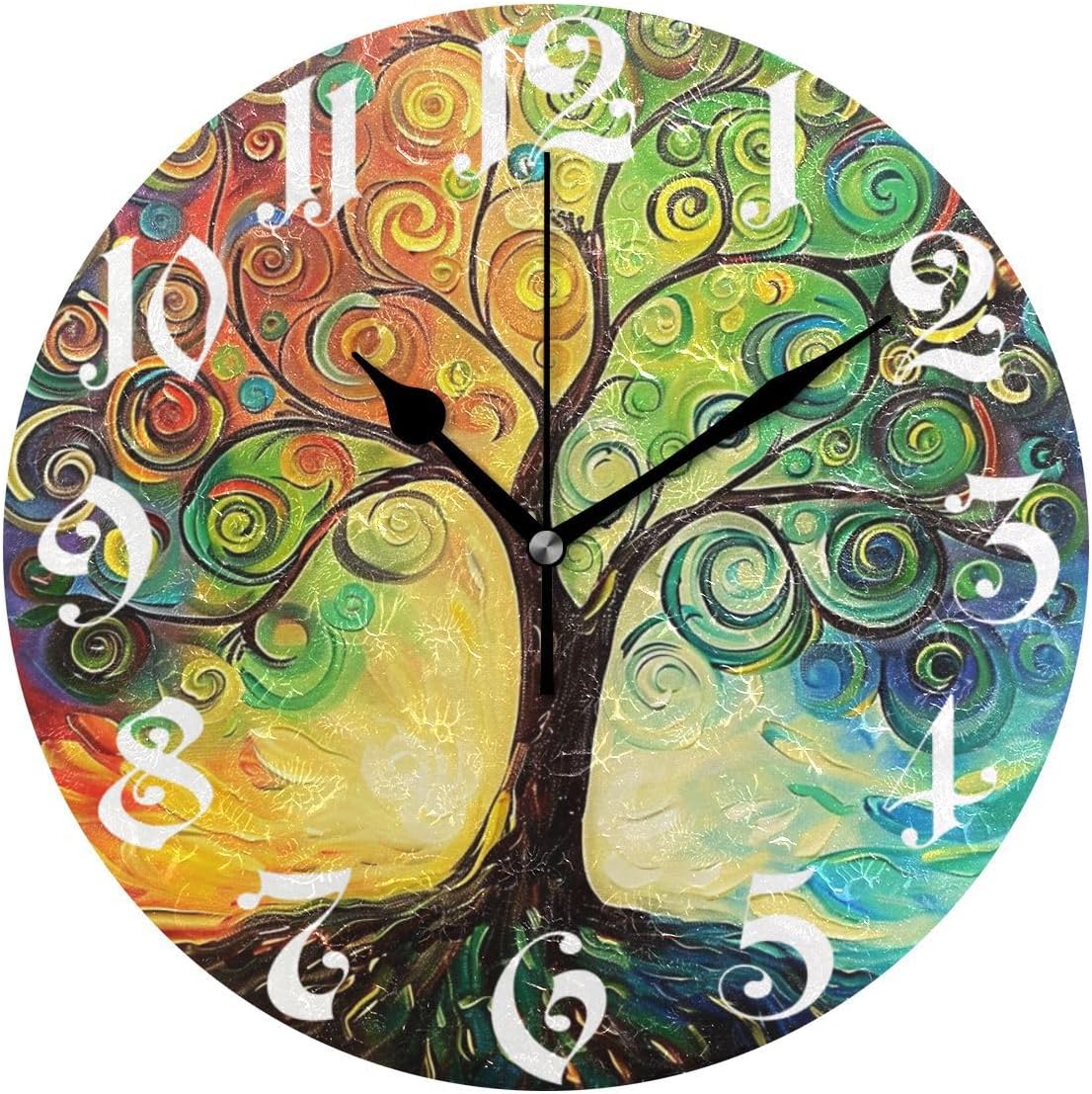 Wamika Wall Clock Tree of Life Rainbow Branch Leaves Seasonal Flowers Round Clock Silent Non Ticking Decorative, Spring Summer Autumn Floral Clocks 10 Inch Battery Operated Quartz Quiet Desk Clock