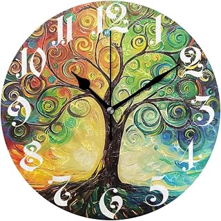 Wamika Wall Clock Tree of Life Rainbow Branch Leaves Seasonal Flowers Round Clock Silent Non Ticking Decorative, Spring Summer Autumn Floral Clocks 10 Inch Battery Operated Quartz Quiet Desk Clock
