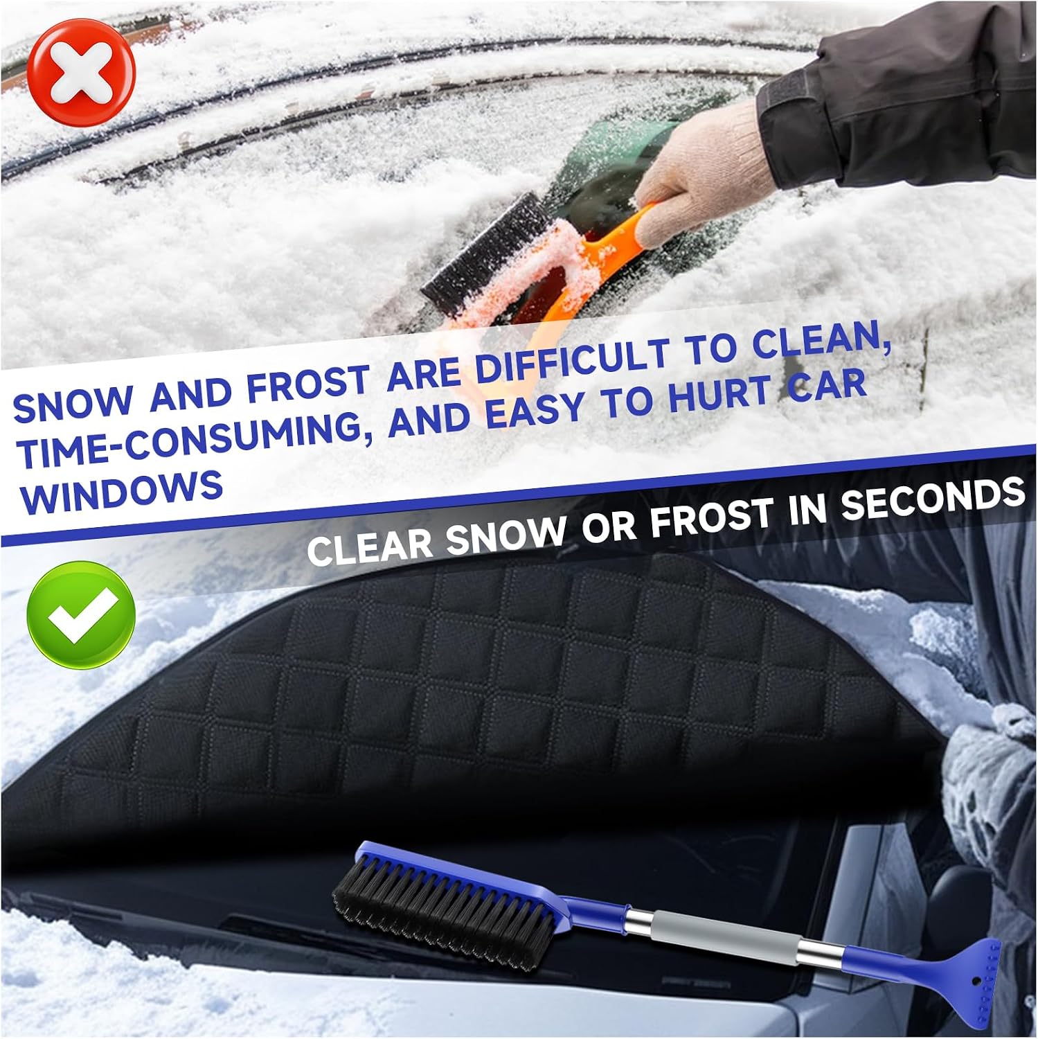 SANLIKE Car Windshield Snow Cover - Thickened 4 Layers Cold Protection Windshield Snow Cover with Side Mirror Cover & 2 in 1 Brush/LCE Scraper for Most Cars SUVs Trucks (Silver)