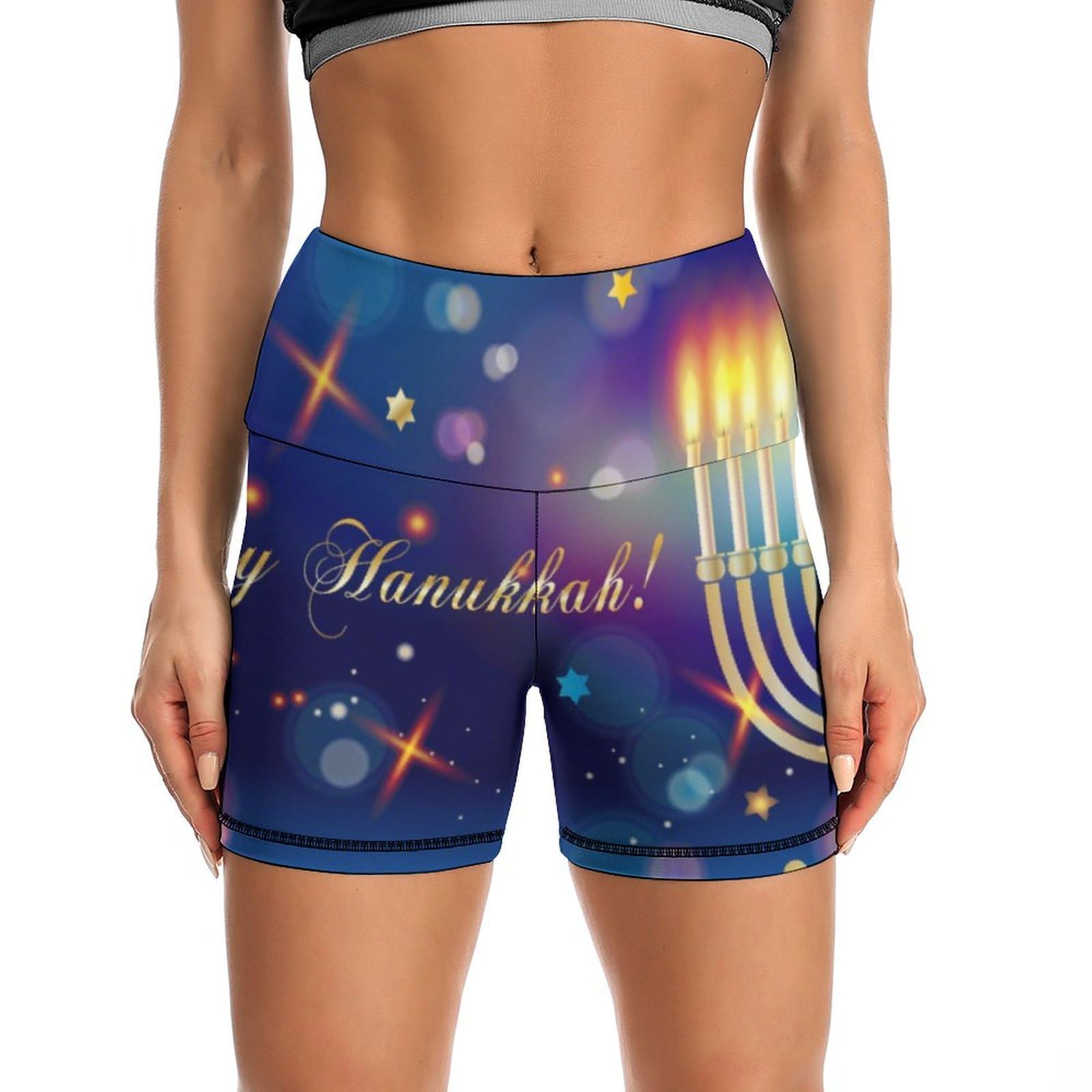 Happy Hanukkah Jewish Chanukah Holiday High Waist Yoga Shorts for Women Athletic Shorts Leggings Running Pants Black