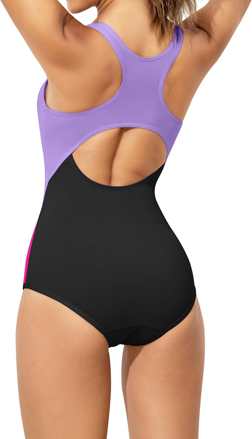 Beautikini Period Swimwear One Piece Leakproof Menstrual Swimsuit Racerback Color Block Bathing Suit for Teen Girls Women