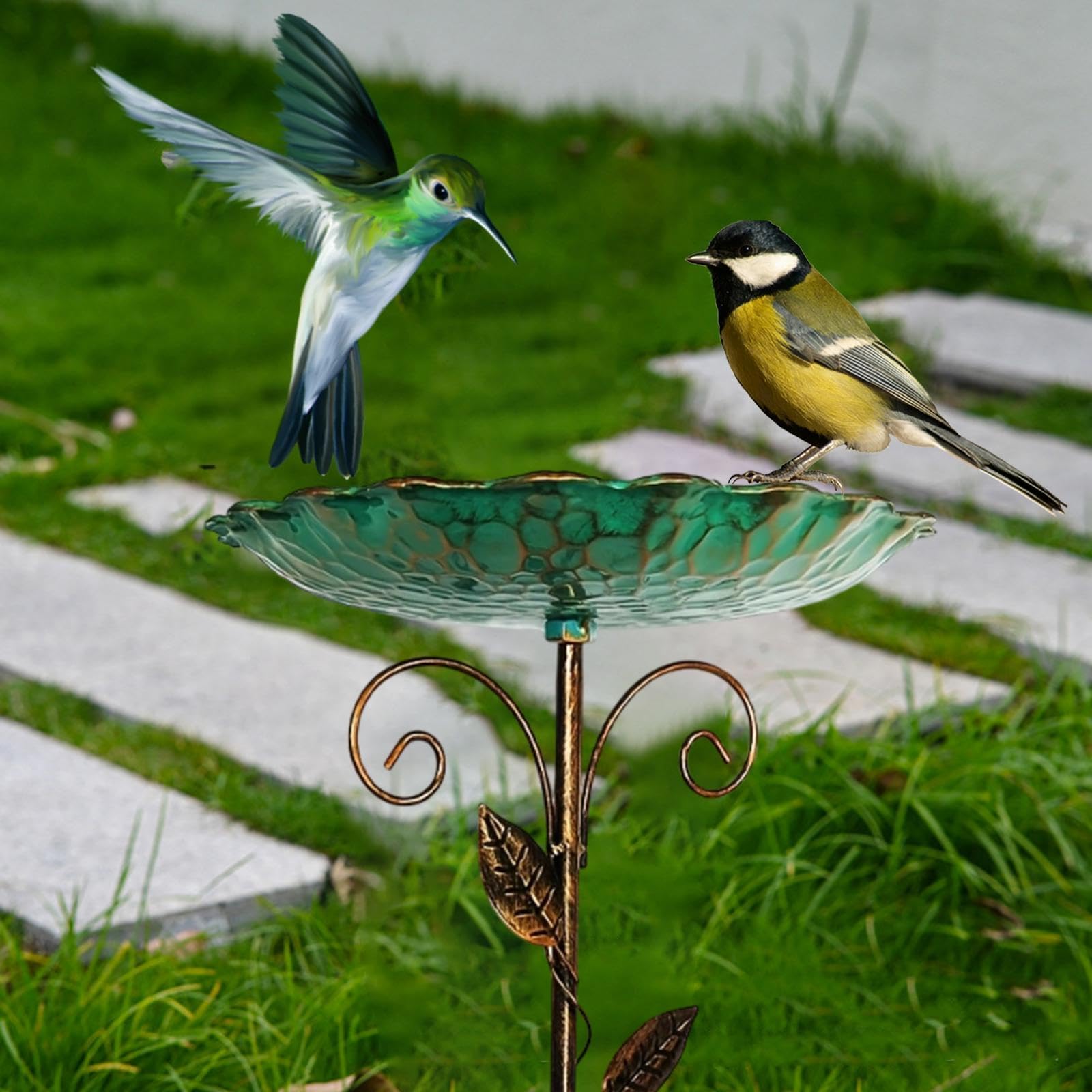 Vogeltränke Stehend, Metall Vintage Vogeltränke Winterfest, Vogelbad Garten Stehend, Wassertränke für Vögel, Futter Vogelbad, Wildvögel Wassertränke mit Erdspieß für Draußen Garten Hof Rasen (B)