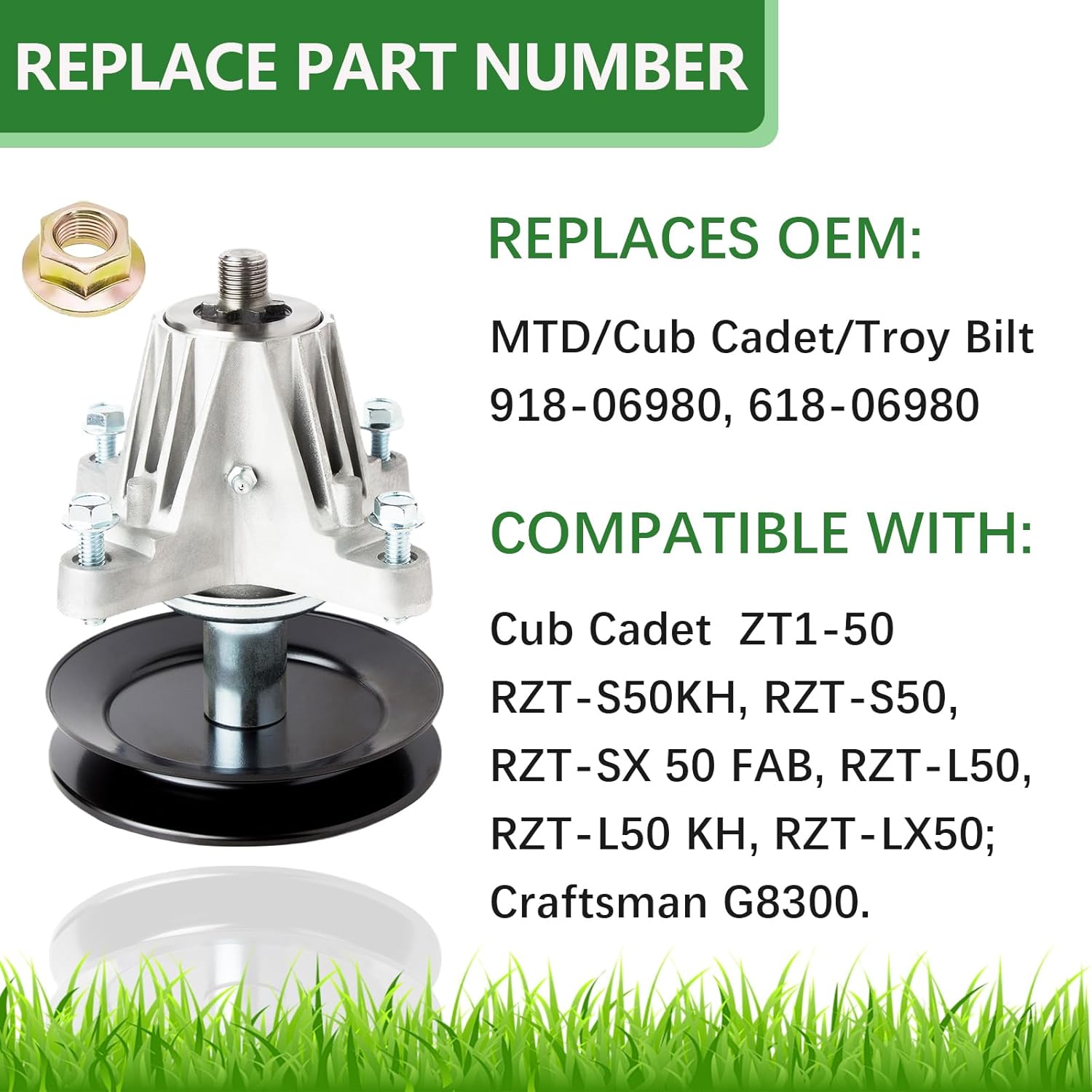 918-06980 618-06980 Deck Spindle Assembly Fit for 50 inch Zero Turn Mower Cub Ca det ZT1-50 RZT-L50 RZT-S50 XT1-GT50, Troy Bilt Mustang 50, Craftsman G8200 Z550, with Nut (1 Pack)