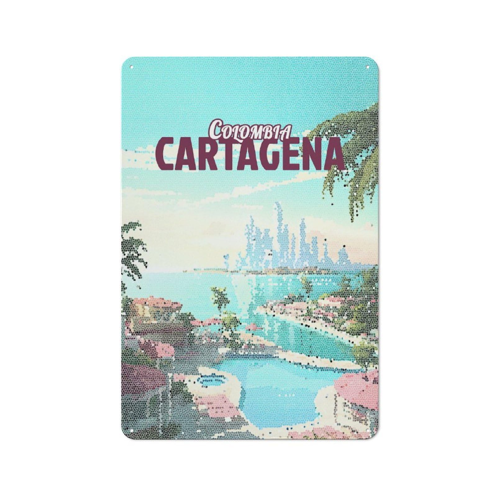 Junmoney Style-20 For Kitchen Or Home Bar, Cartagena Colombia Mosaic Vintage Rustic Metal Wall Sign 30X20cm, For Winter Room Styling In Kitchen And Home Bar