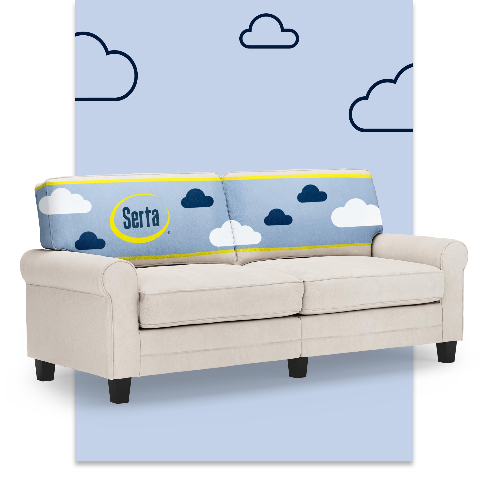 Serta Copenhagen 78" Rolled Arm Sofa, Easy Care Polyester, Soft Pillow Back, Pocket Coil Seat Cushions, Removable Covers, Loveseat or Couch for Small