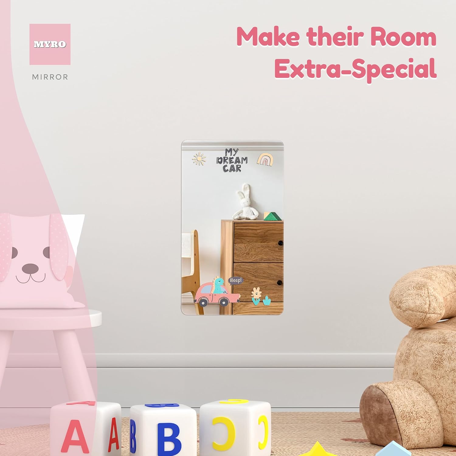 MYRO - Self-Adhesive Designed Mirror for Children – Wall-Mounted Shatterproof Acrylic Wall Mirror for Kids’ Bedroom, Nursery, School Locker & Playroom (My Dream Car)