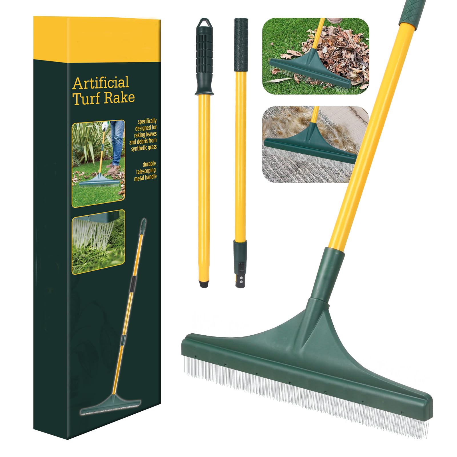 Râteau réglable pour feuilles, râteau télescopique à main, 3 sections, extra long, 160 cm (jaune vif)
